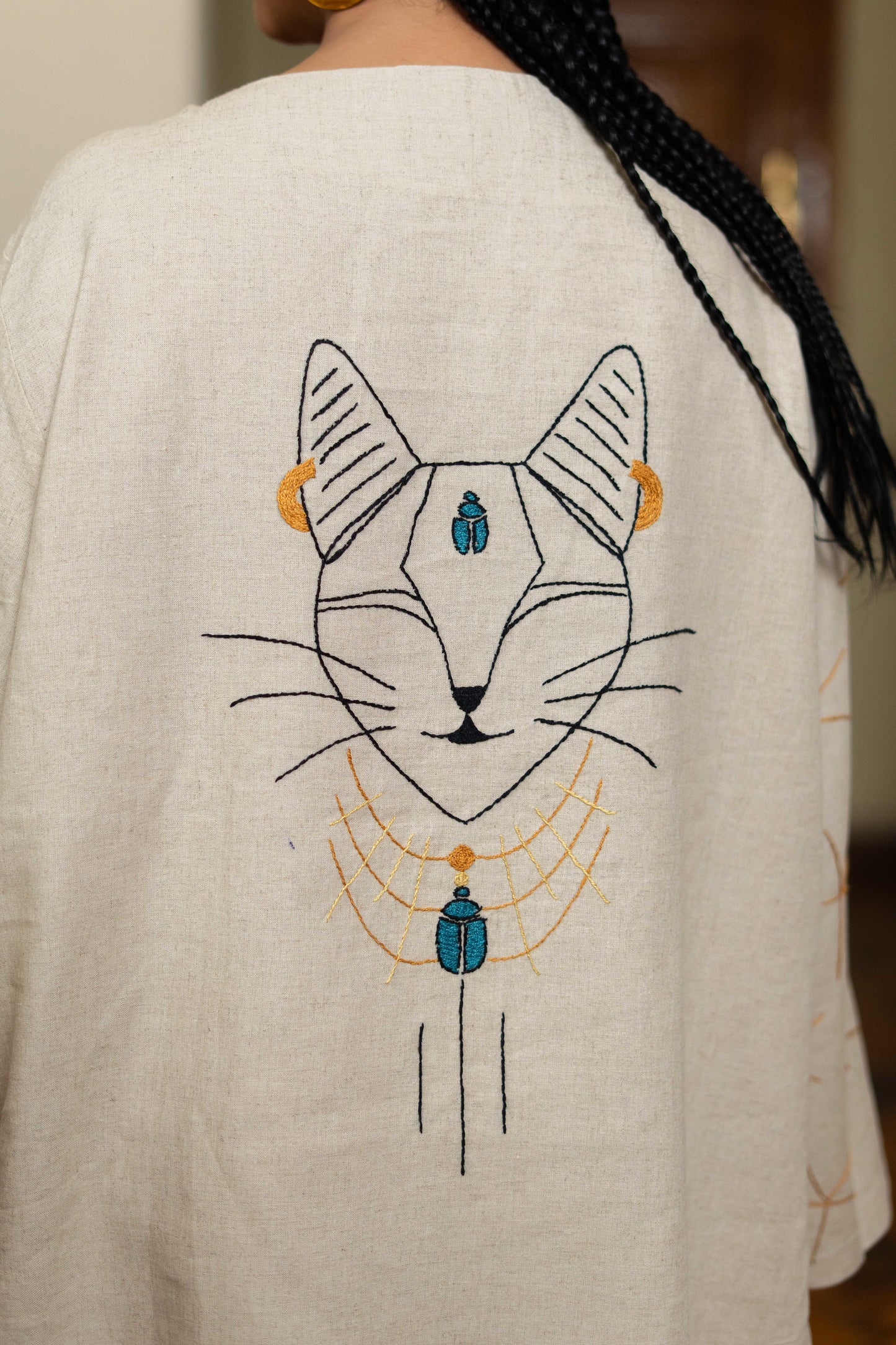Beige Linen Blouse with Bastet & Scarab Embroidery