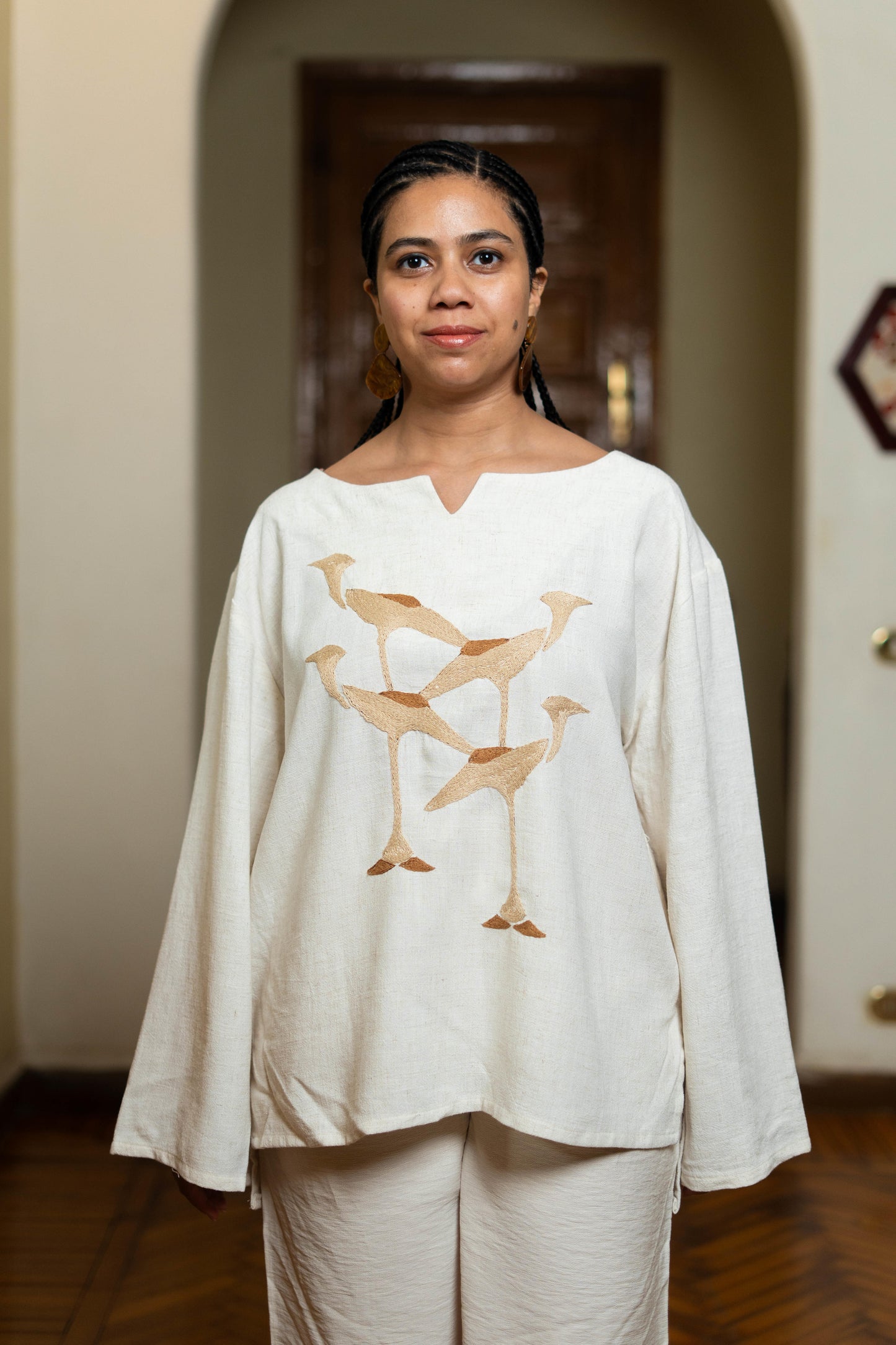 Linen Blouse with Hooded Crow Embroidery