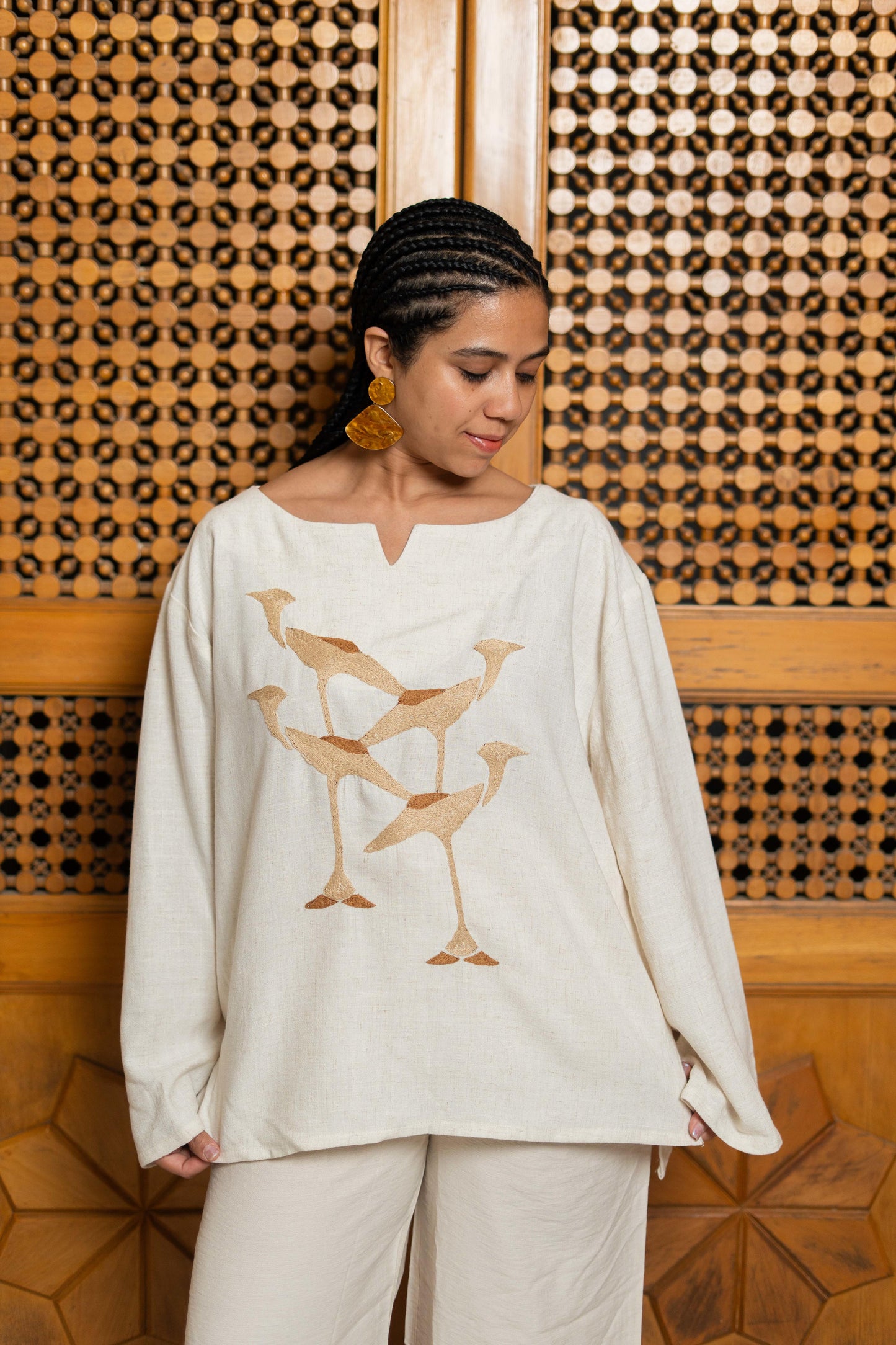Linen Blouse with Hooded Crow Embroidery