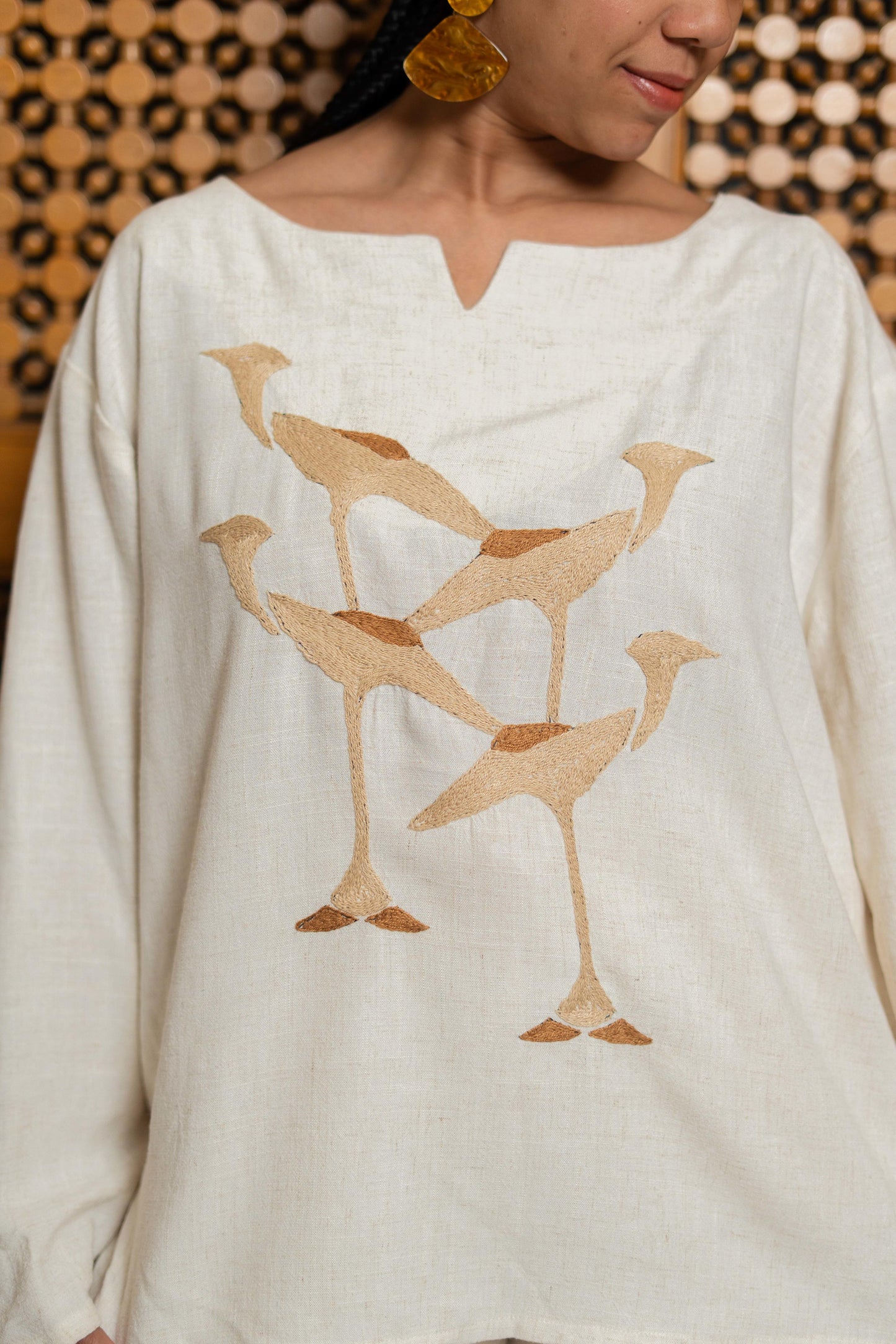 Linen Blouse with Hooded Crow Embroidery