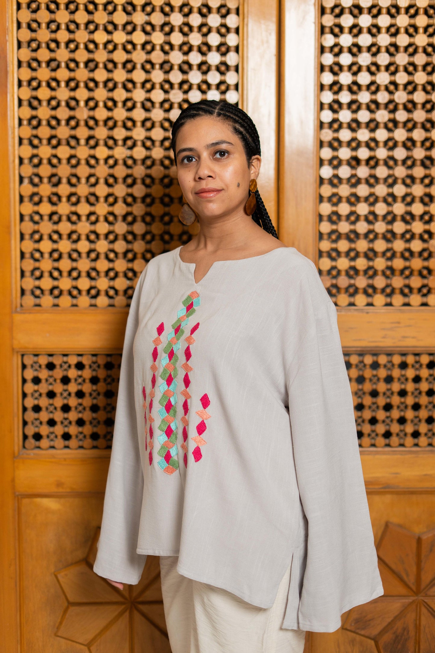 Beige Linen Blouse with Geometric Embroidery