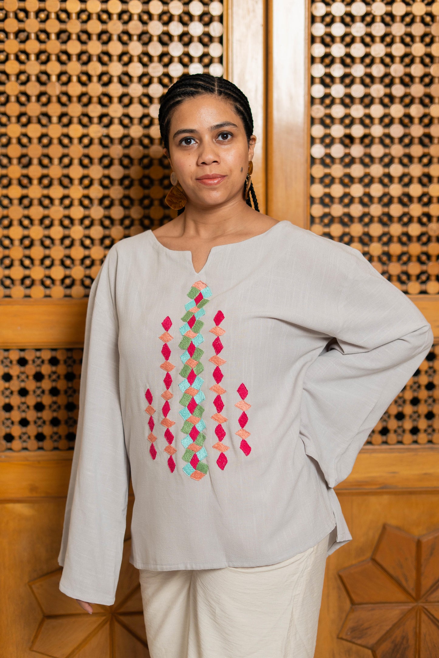 Beige Linen Blouse with Geometric Embroidery