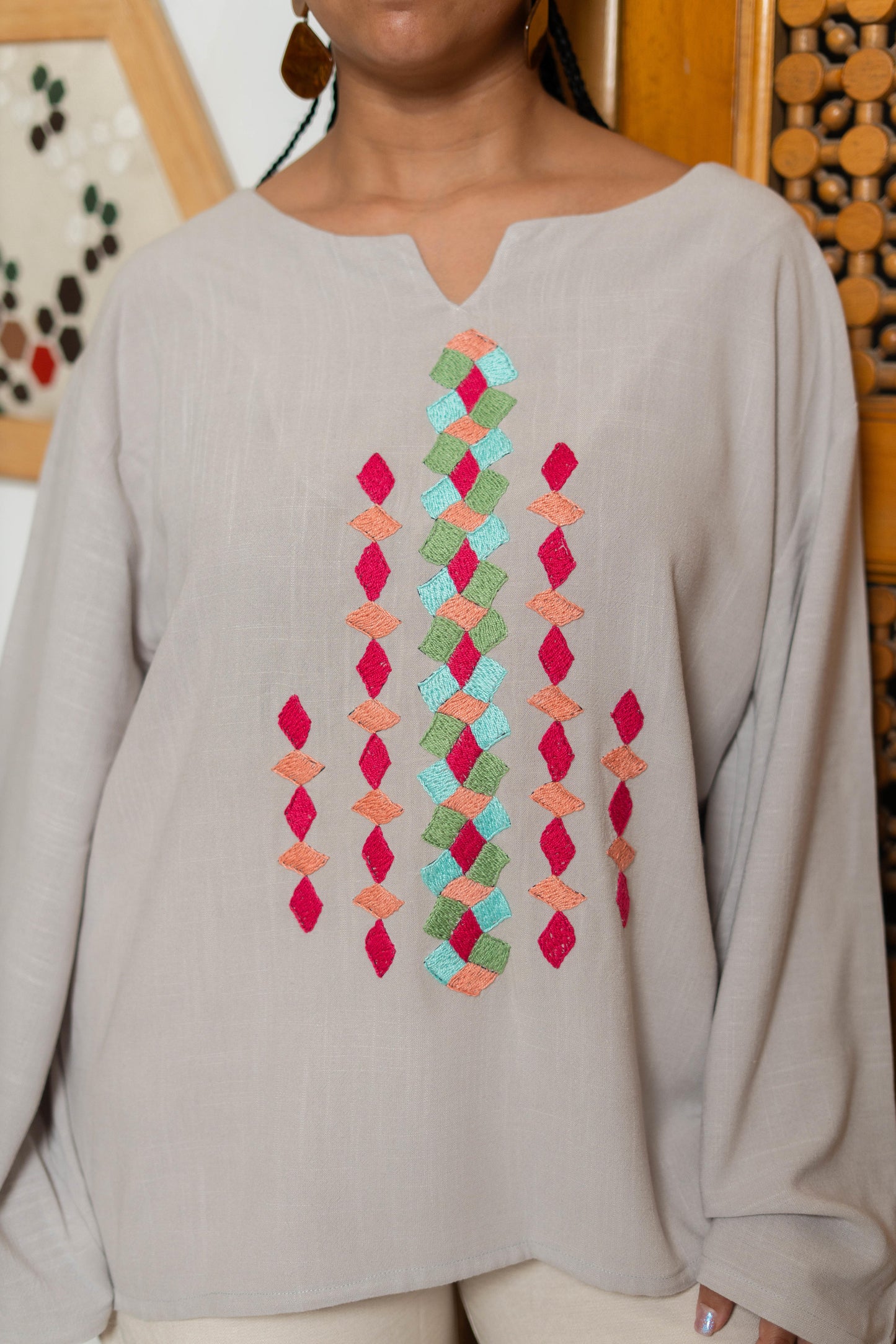 Beige Linen Blouse with Geometric Embroidery
