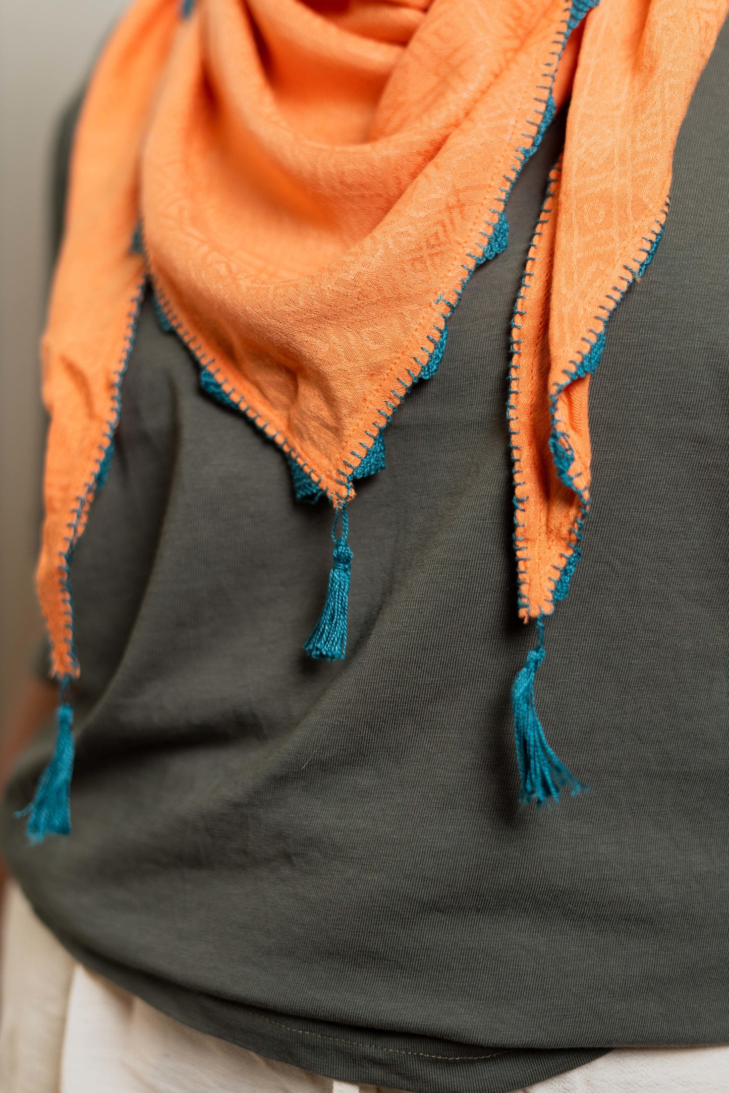 Orange Linen Oya Scarf – Turquoise Tassels
