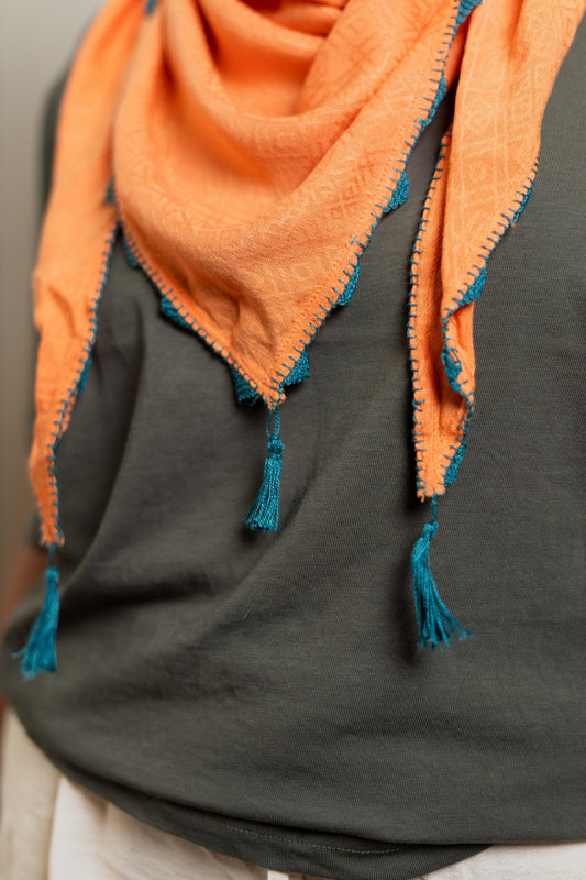 Orange Linen Oya Scarf – Turquoise Tassels