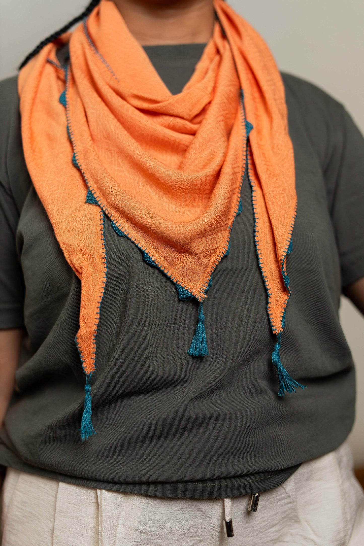 Orange Linen Oya Scarf – Turquoise Tassels