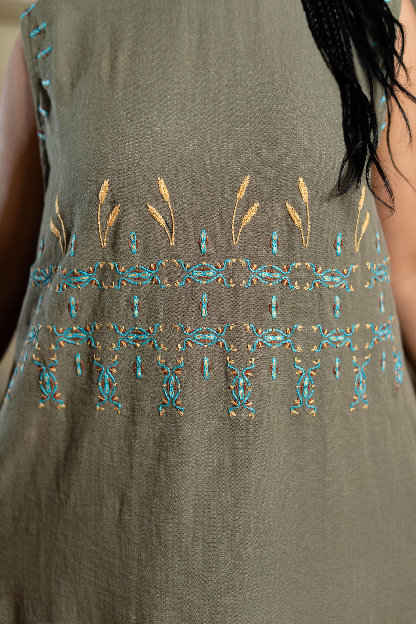 Olive Linen Dress with Egyptian-Inspired Goose Embroidery