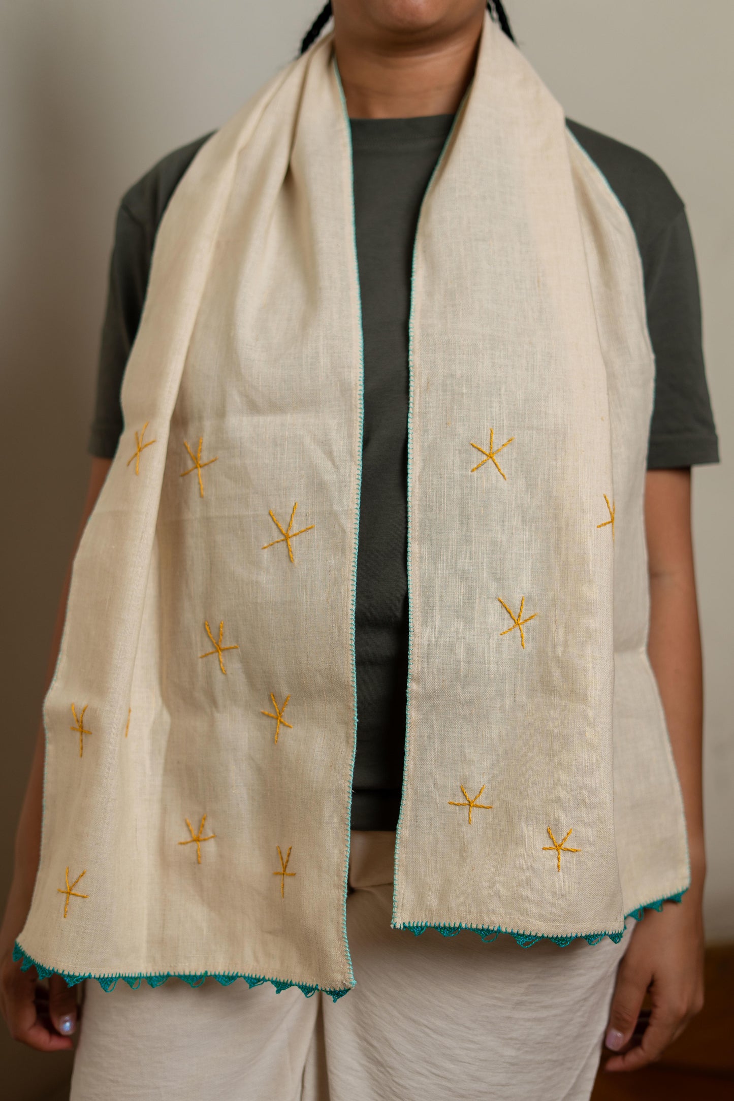 Beige Linen Scarf – Brown Embroidery & Oya Edge