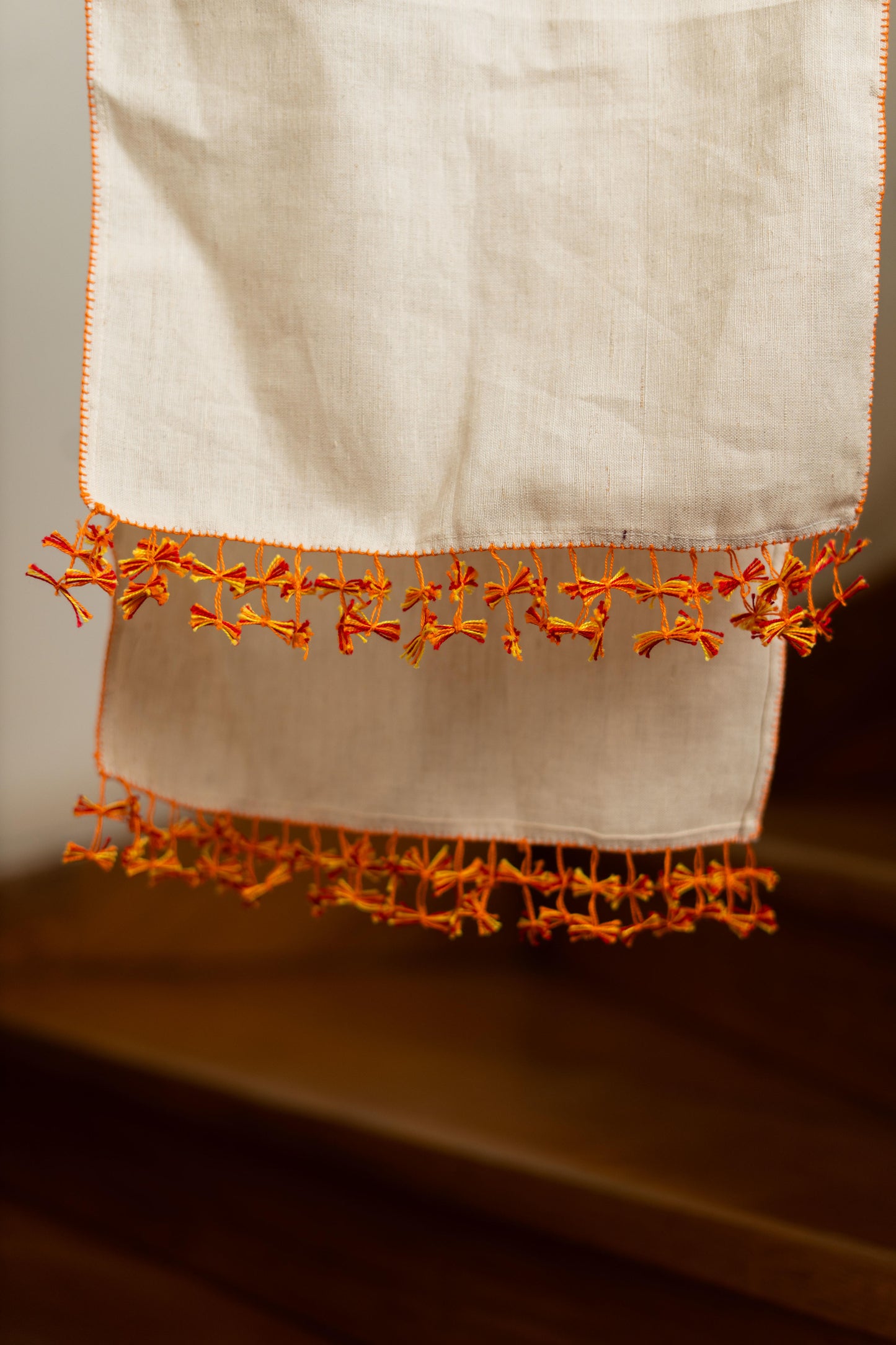 Beige Oya Linen Scarf - Orange Tassel Edge