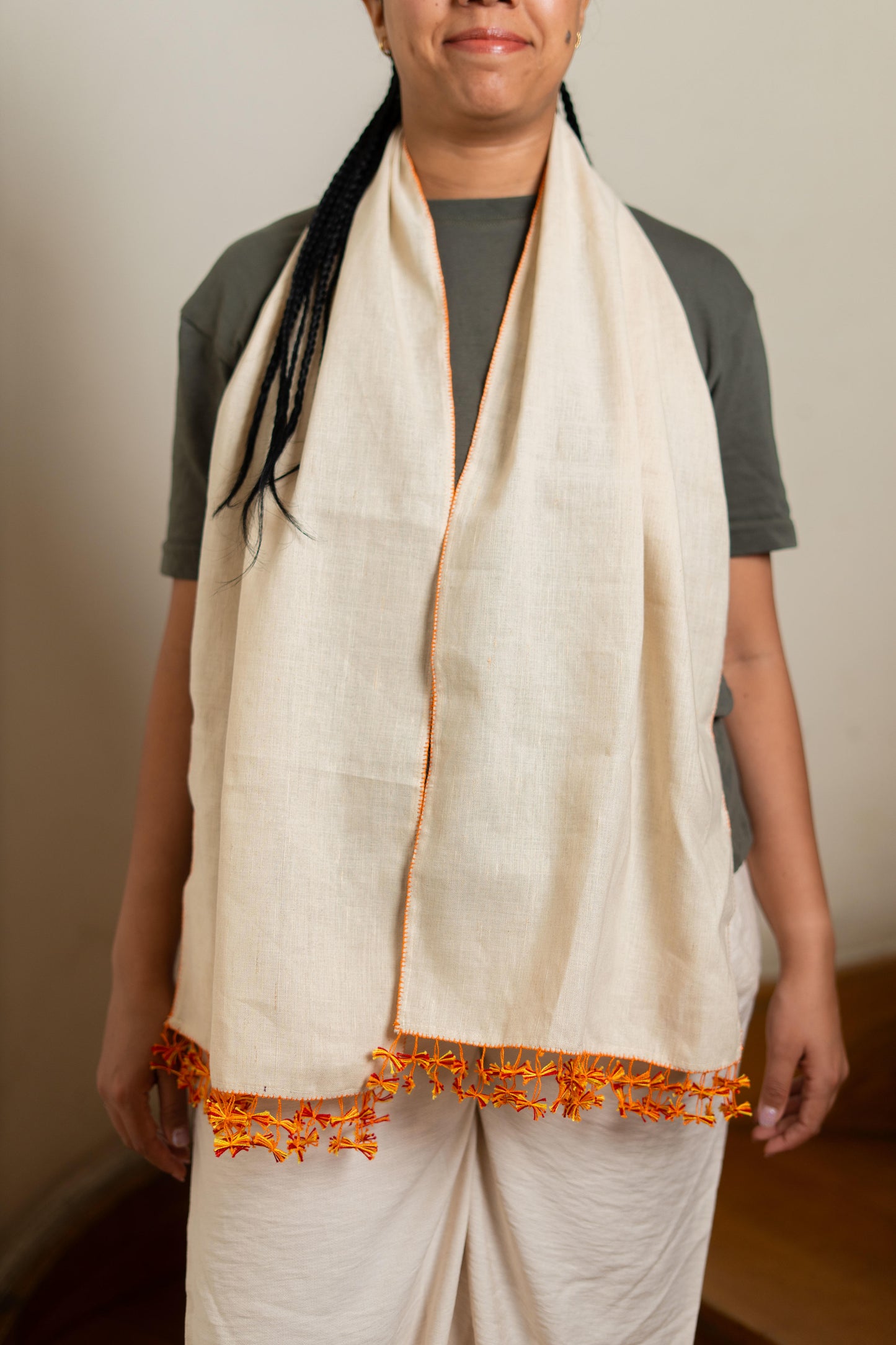 Beige Oya Linen Scarf - Orange Tassel Edge