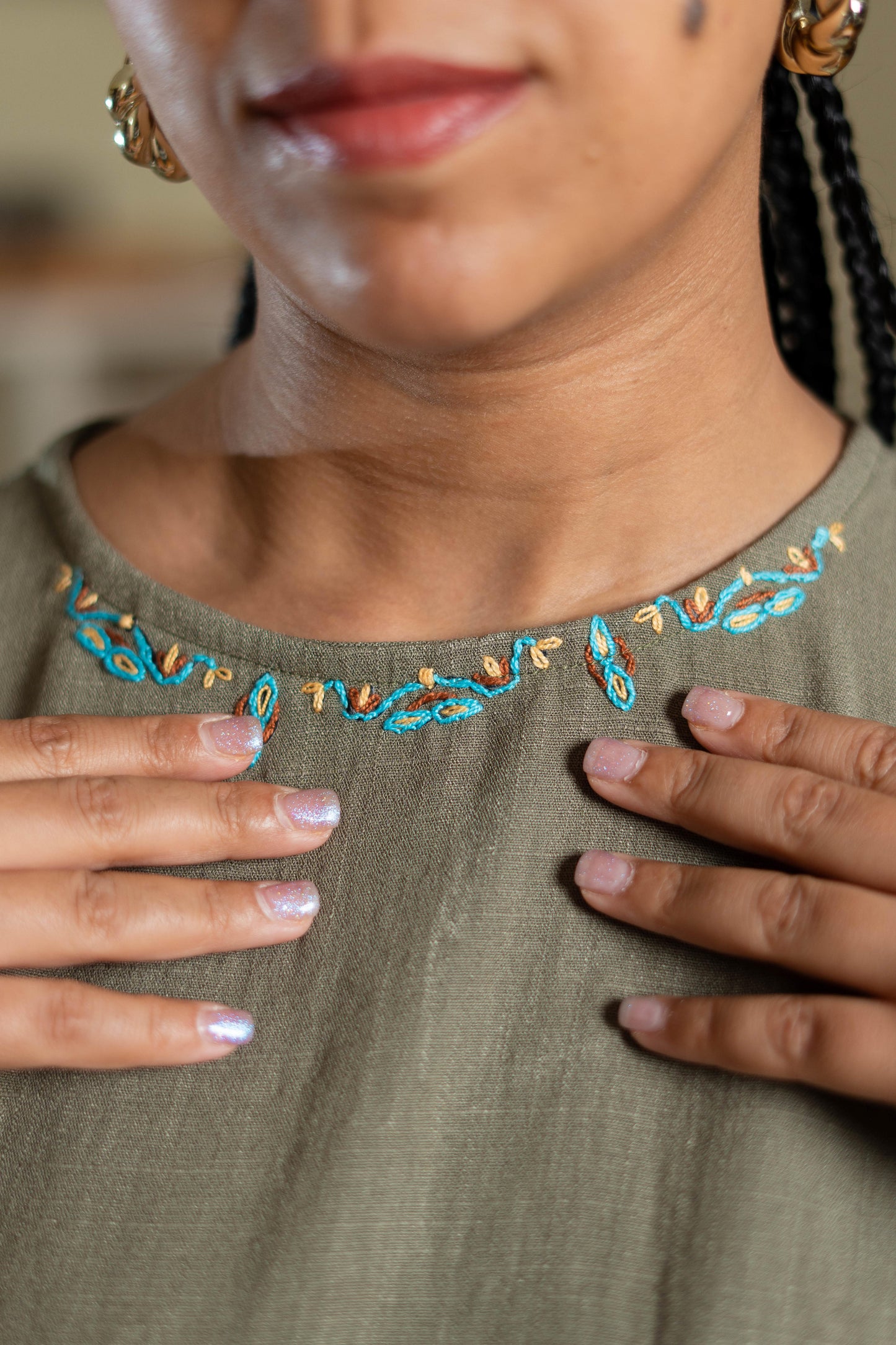 Olive Linen Dress with Egyptian-Inspired Goose Embroidery