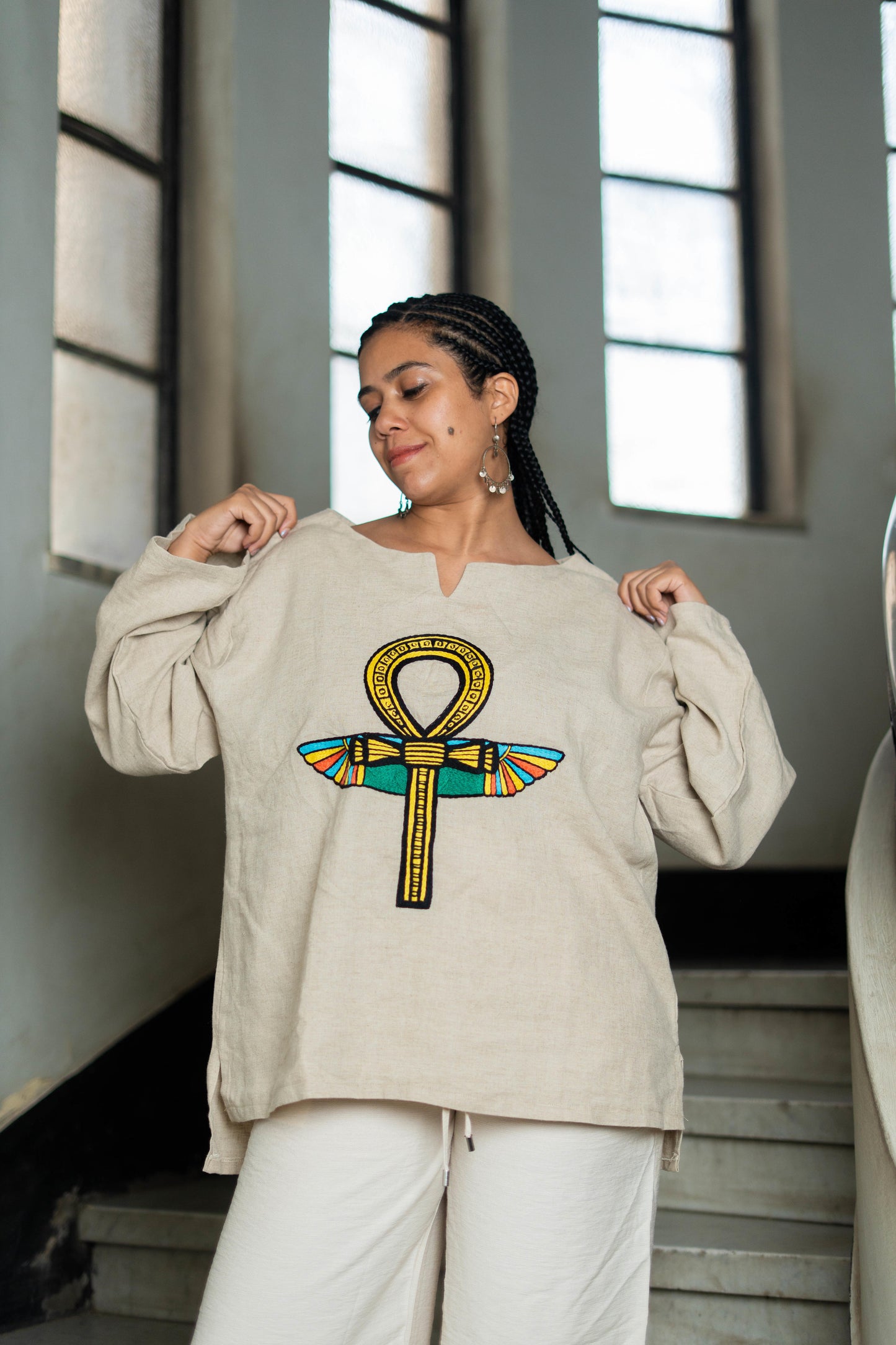 Beige Linen Blouse with Ankh & Scarab Embroidery