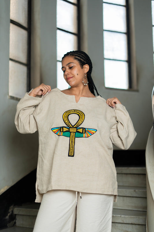 Beige Linen Blouse with Ankh & Scarab Embroidery