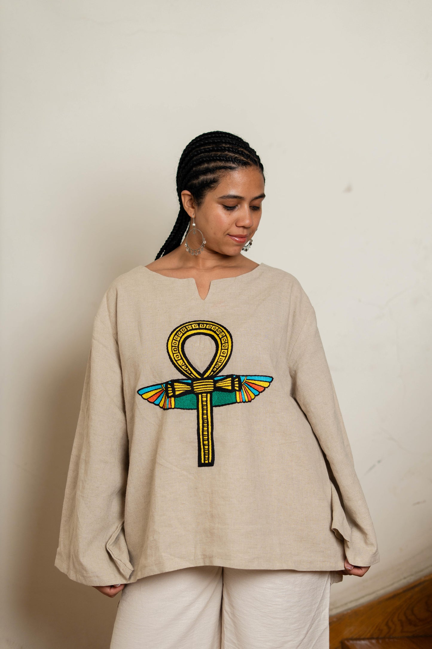 Beige Linen Blouse with Ankh & Scarab Embroidery