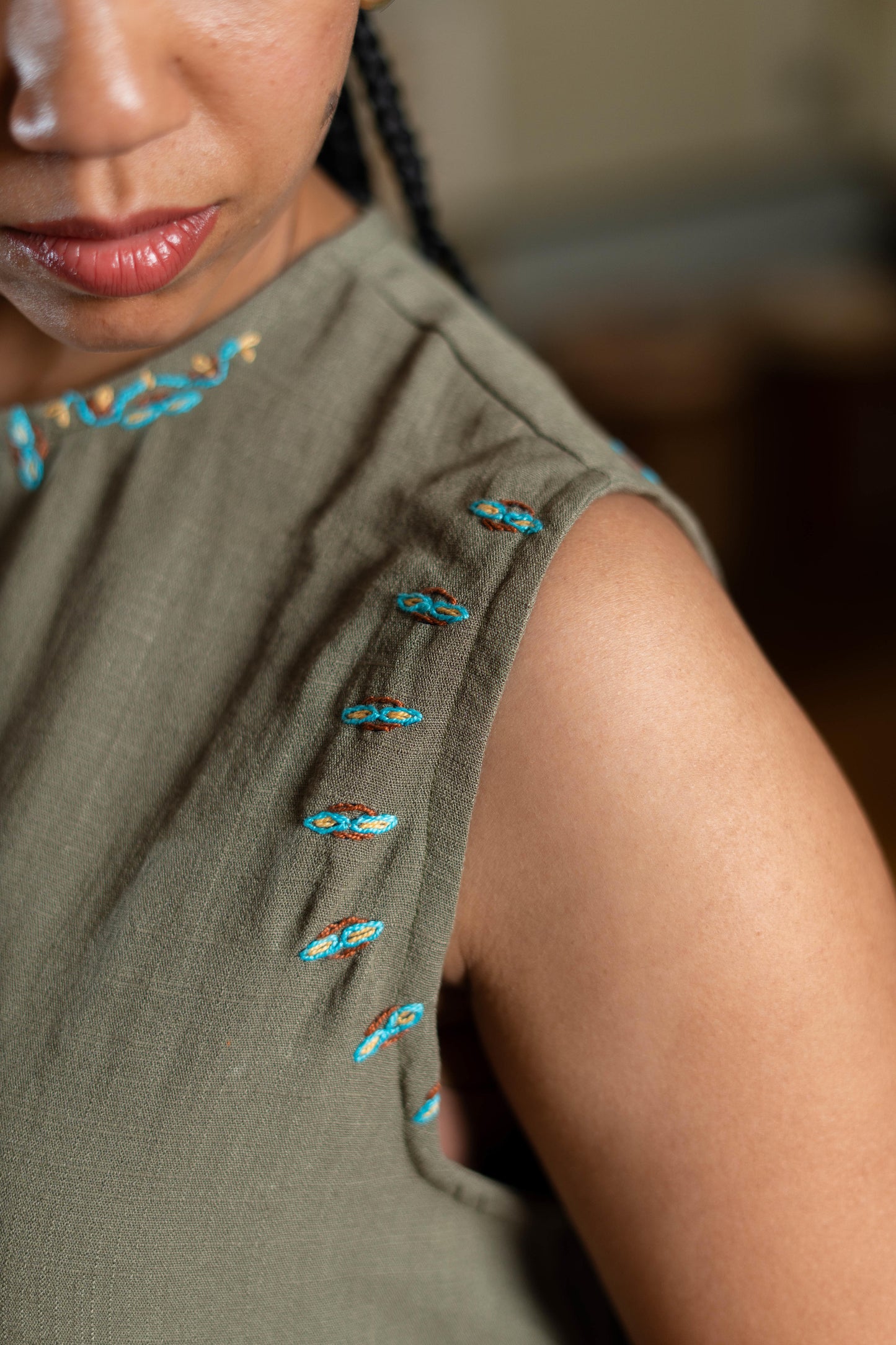 Olive Linen Dress with Egyptian-Inspired Goose Embroidery