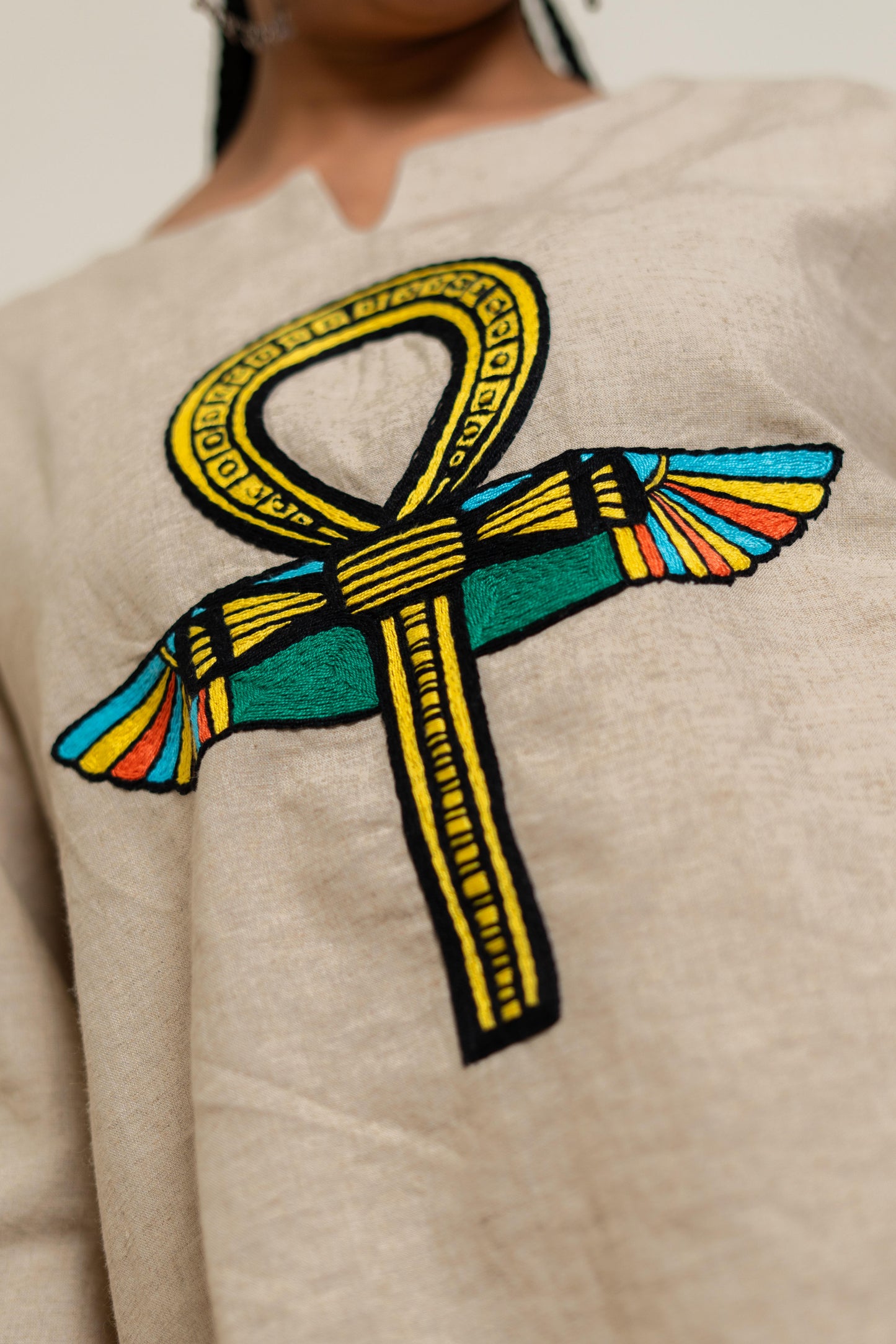 Beige Linen Blouse with Ankh & Scarab Embroidery