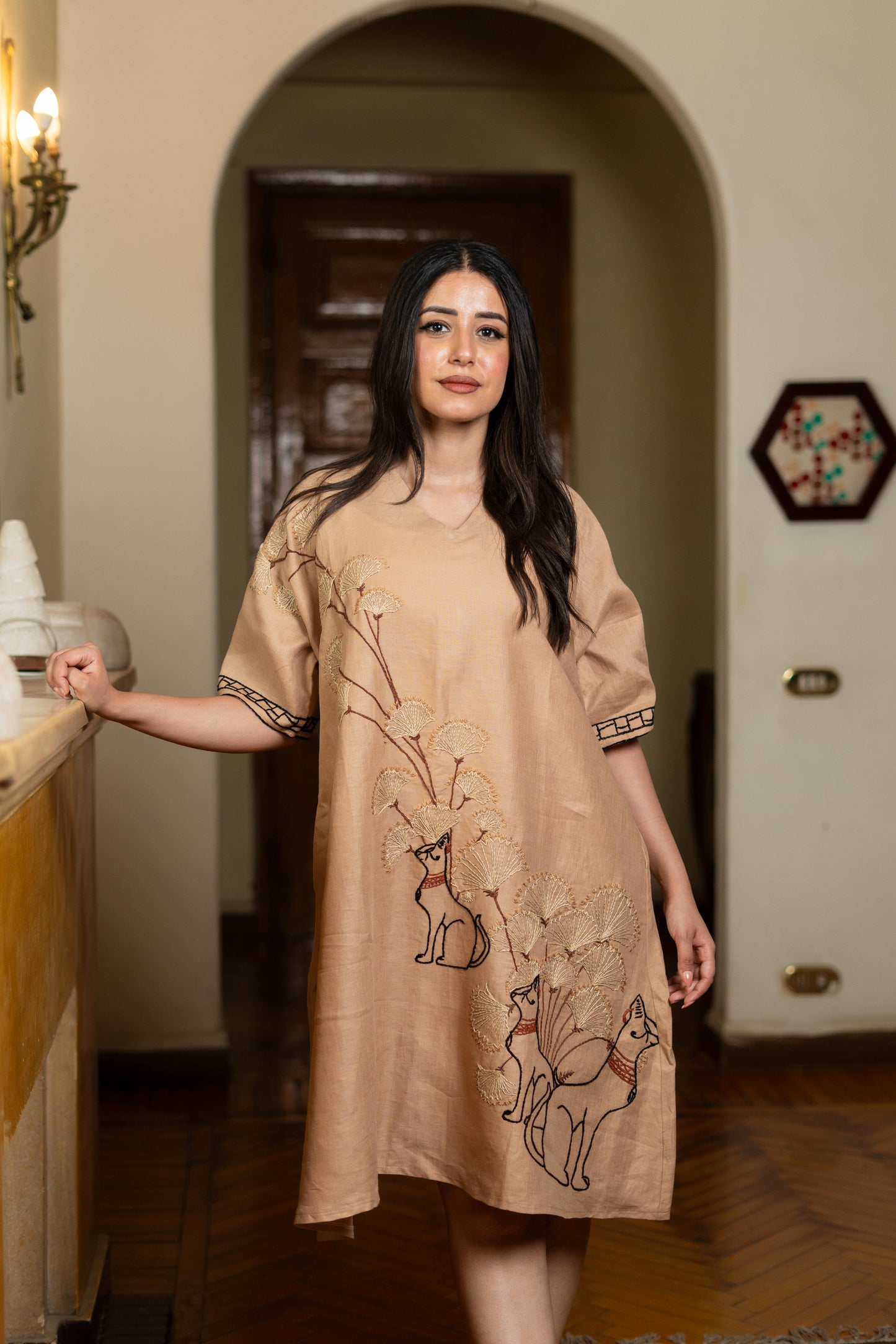 Sand Beige Linen Dress with Bastet Embroidery