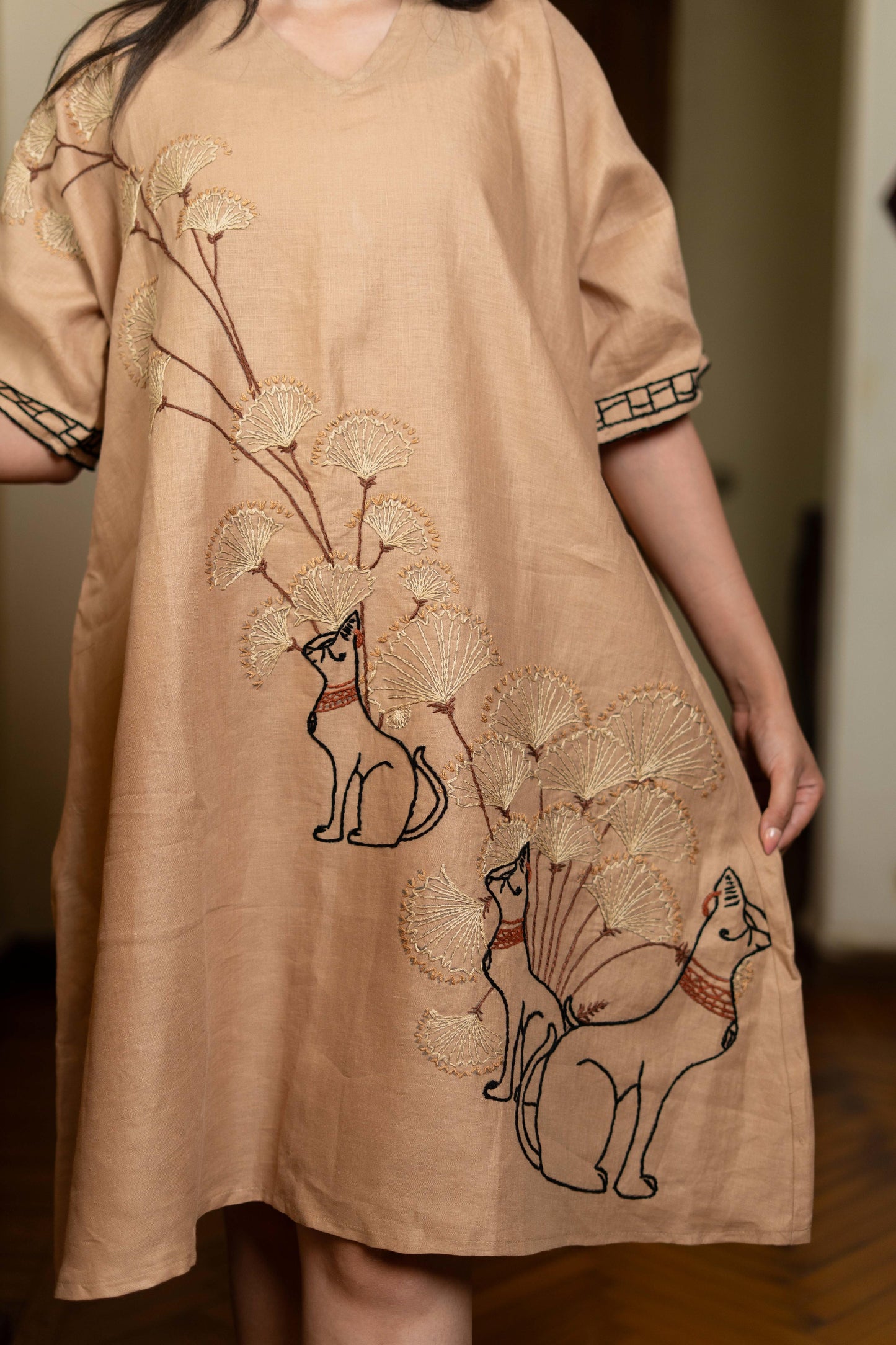 Sand Beige Linen Dress with Bastet Embroidery