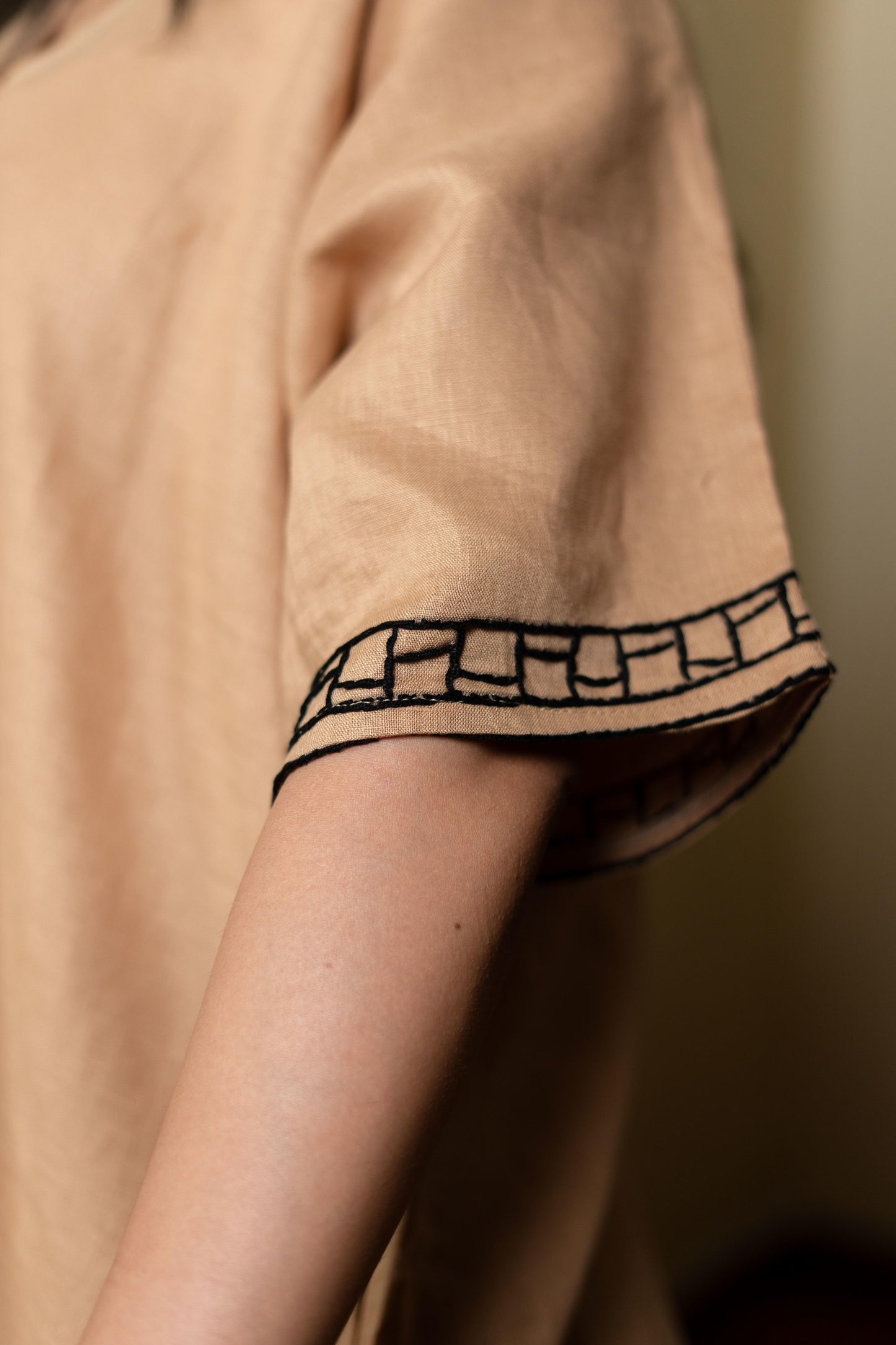 Sand Beige Linen Dress with Bastet Embroidery