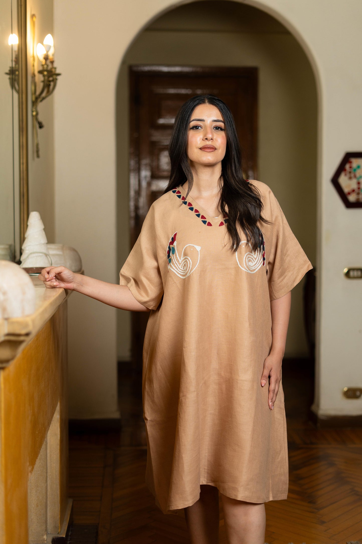 Sand Linen Dress, Ancient Egyptian Bird & Lotus Embroidery
