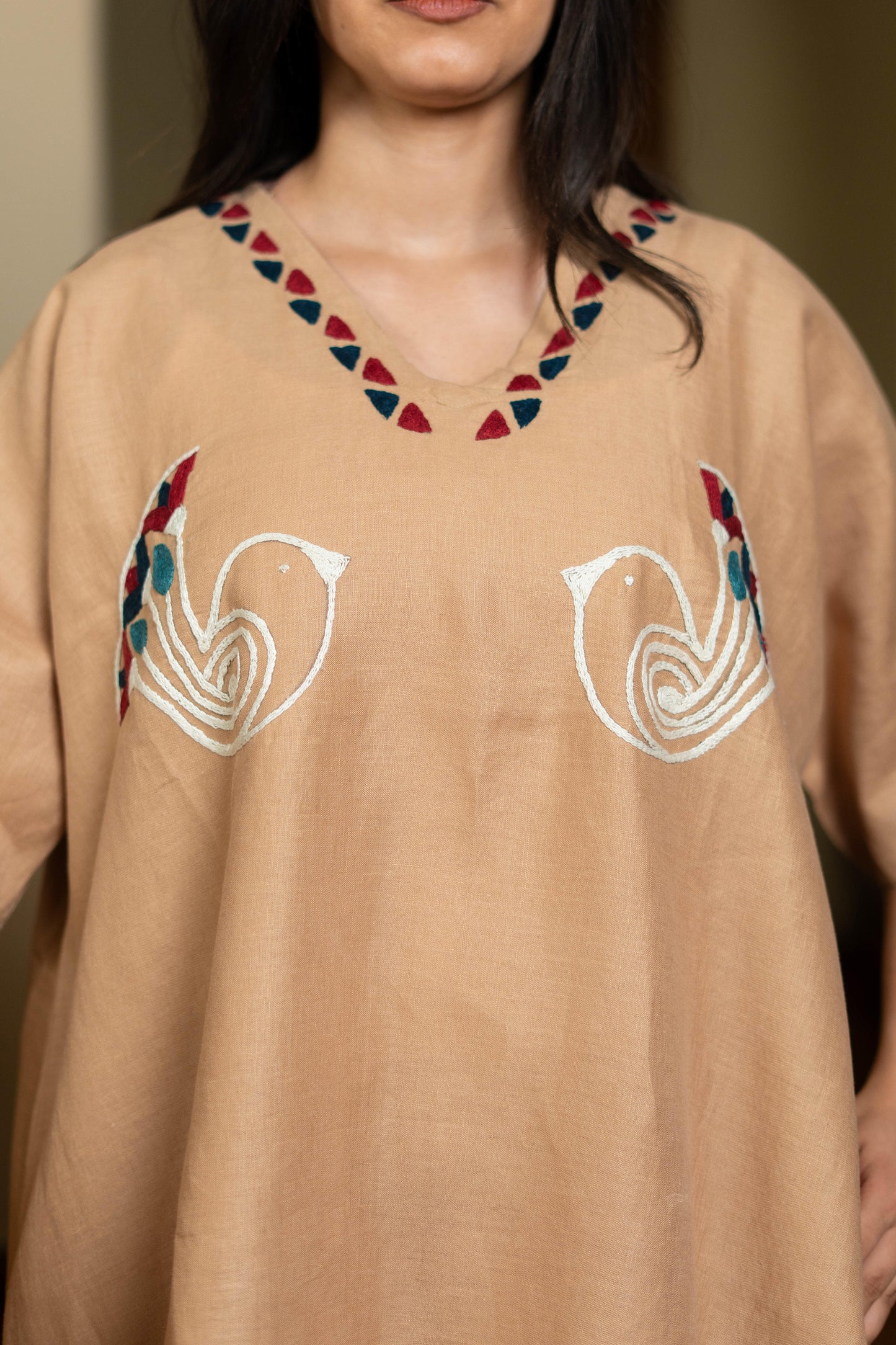 Sand Linen Dress, Ancient Egyptian Bird & Lotus Embroidery