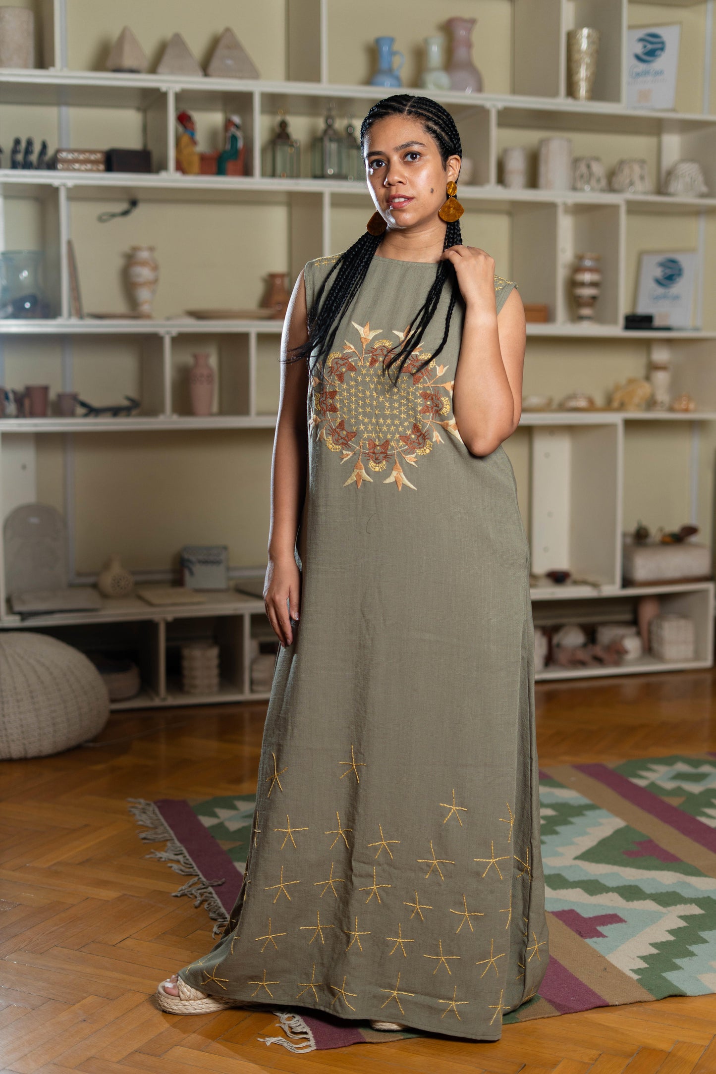 Olive Green Linen Dress with Egyptian-Inspired Embroidery