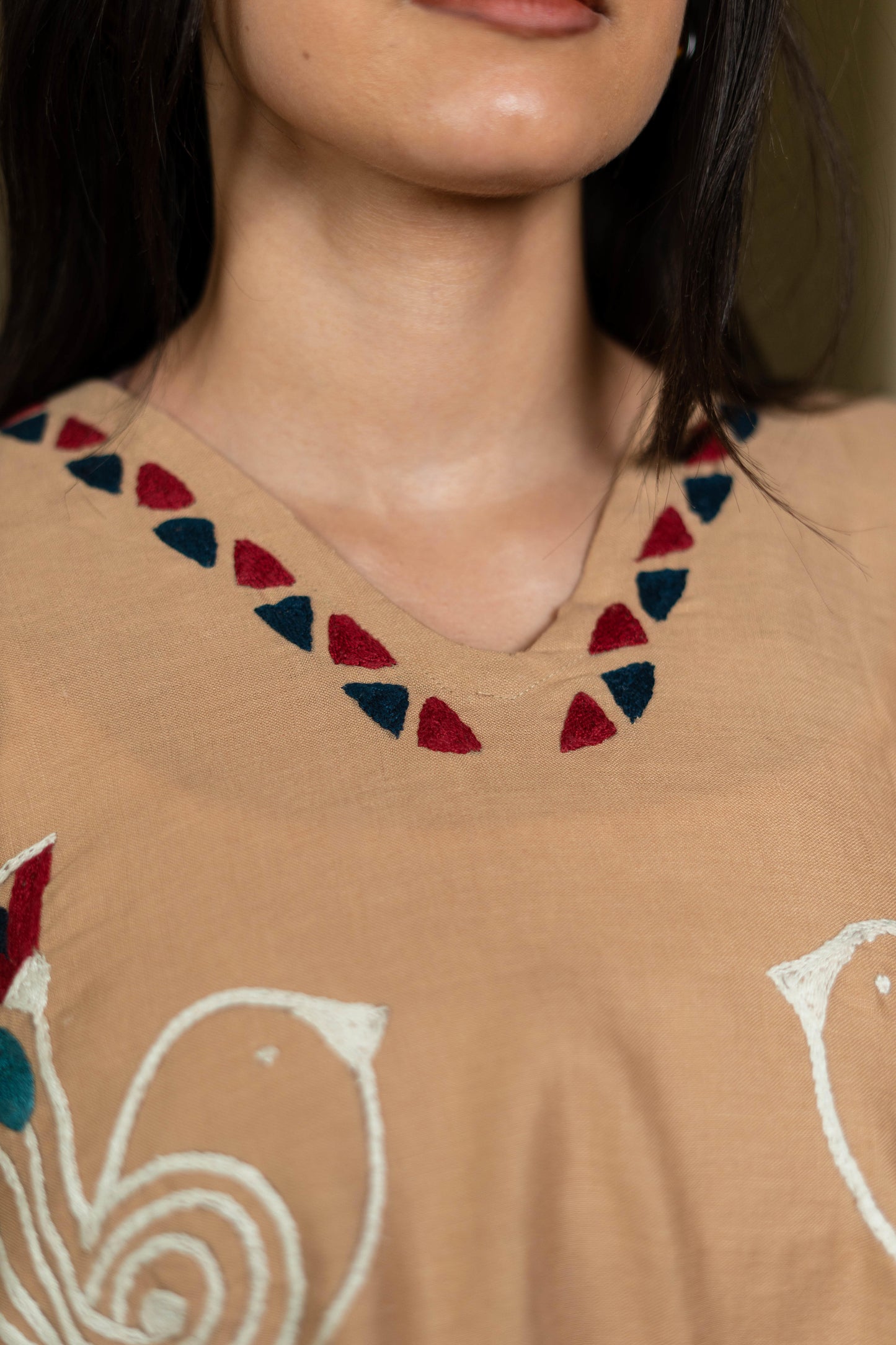 Sand Linen Dress, Ancient Egyptian Bird & Lotus Embroidery