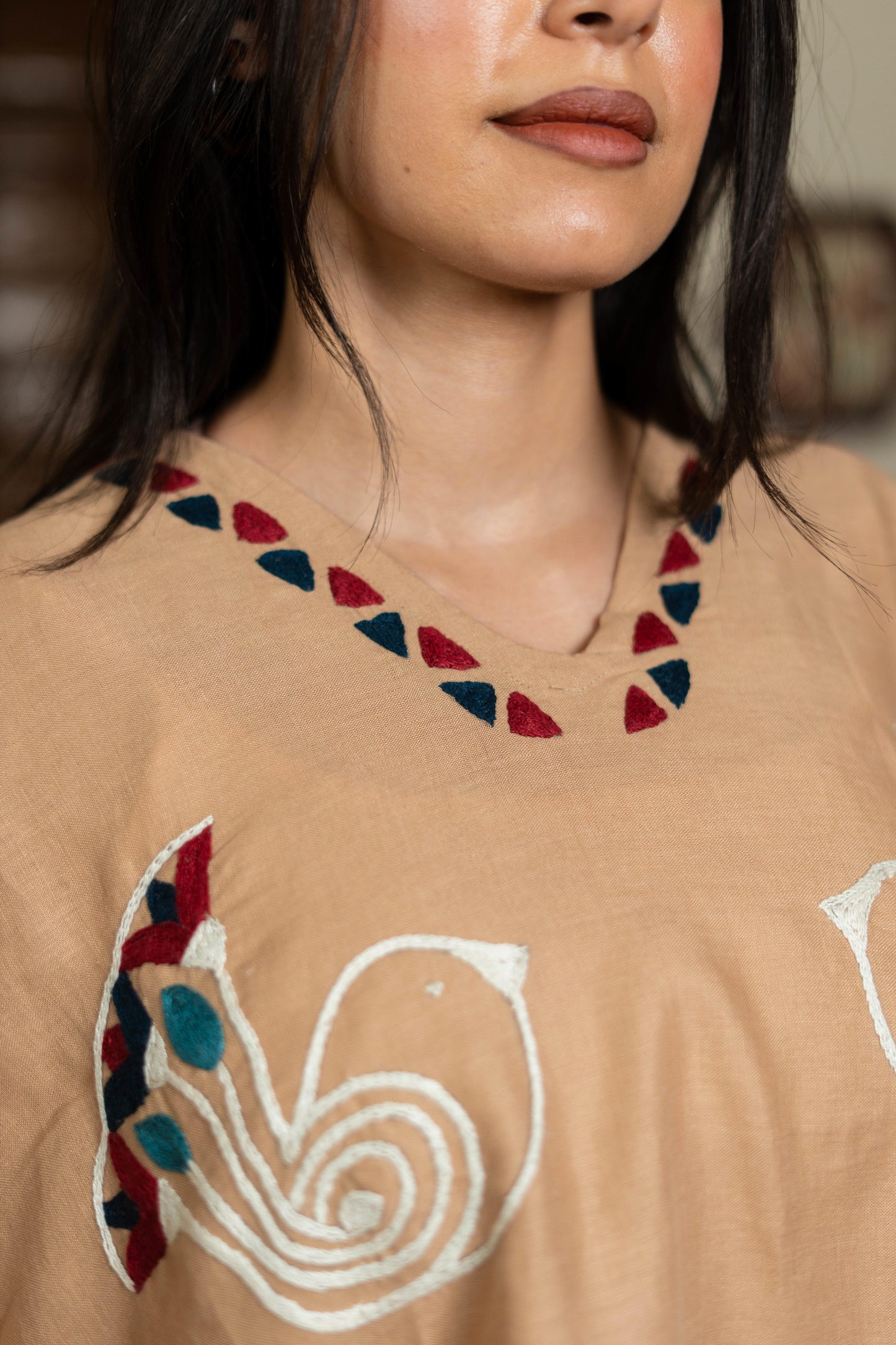 Sand Linen Dress, Ancient Egyptian Bird & Lotus Embroidery