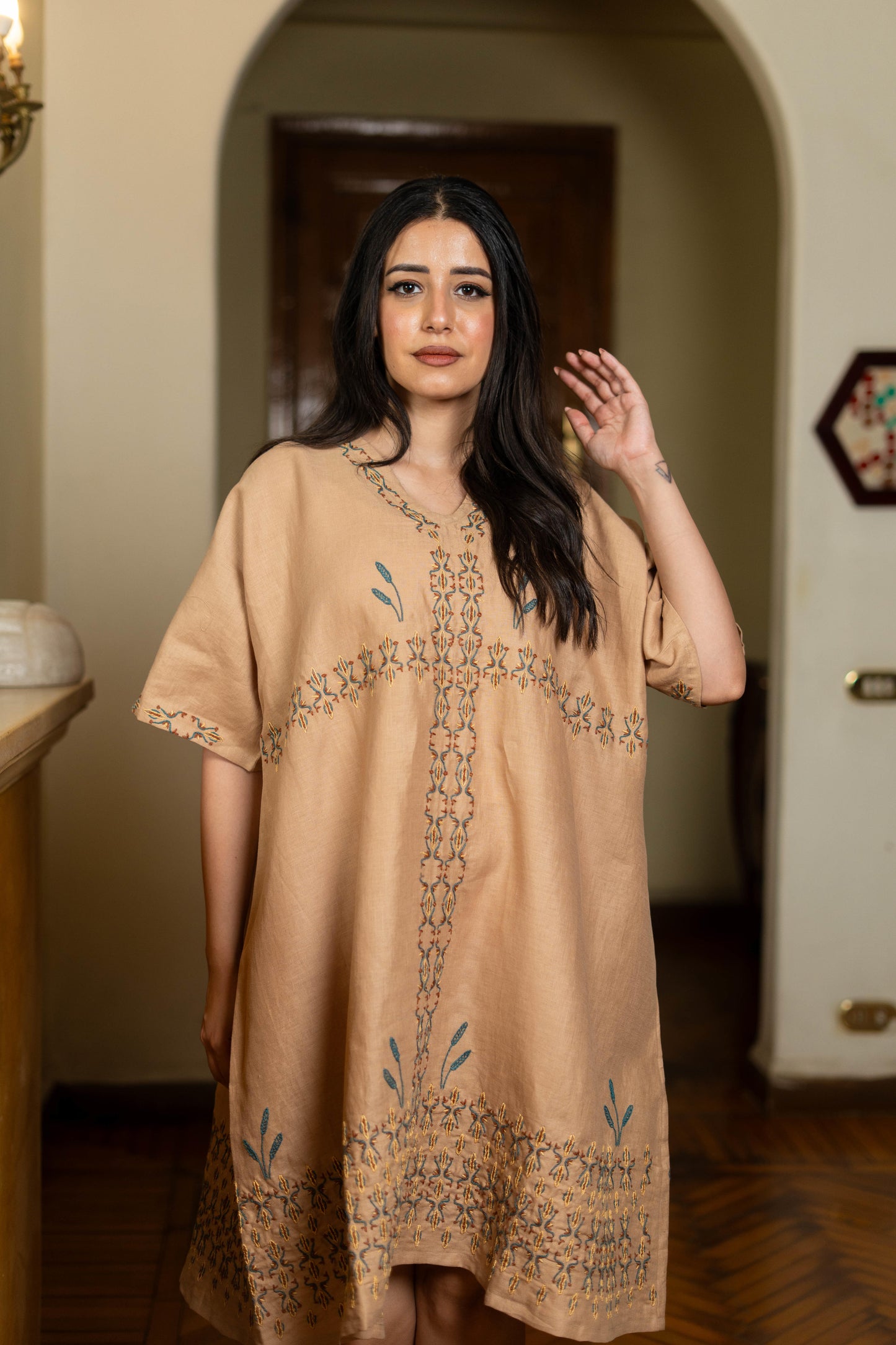 Sand Beige Linen Dress with Egyptian-Inspired Embroidery
