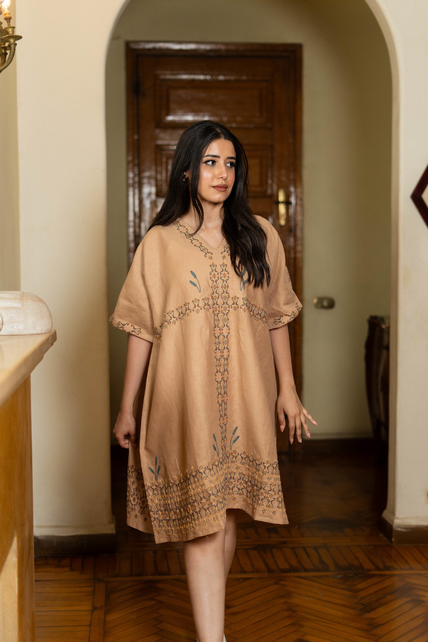 Sand Beige Linen Dress with Egyptian-Inspired Embroidery