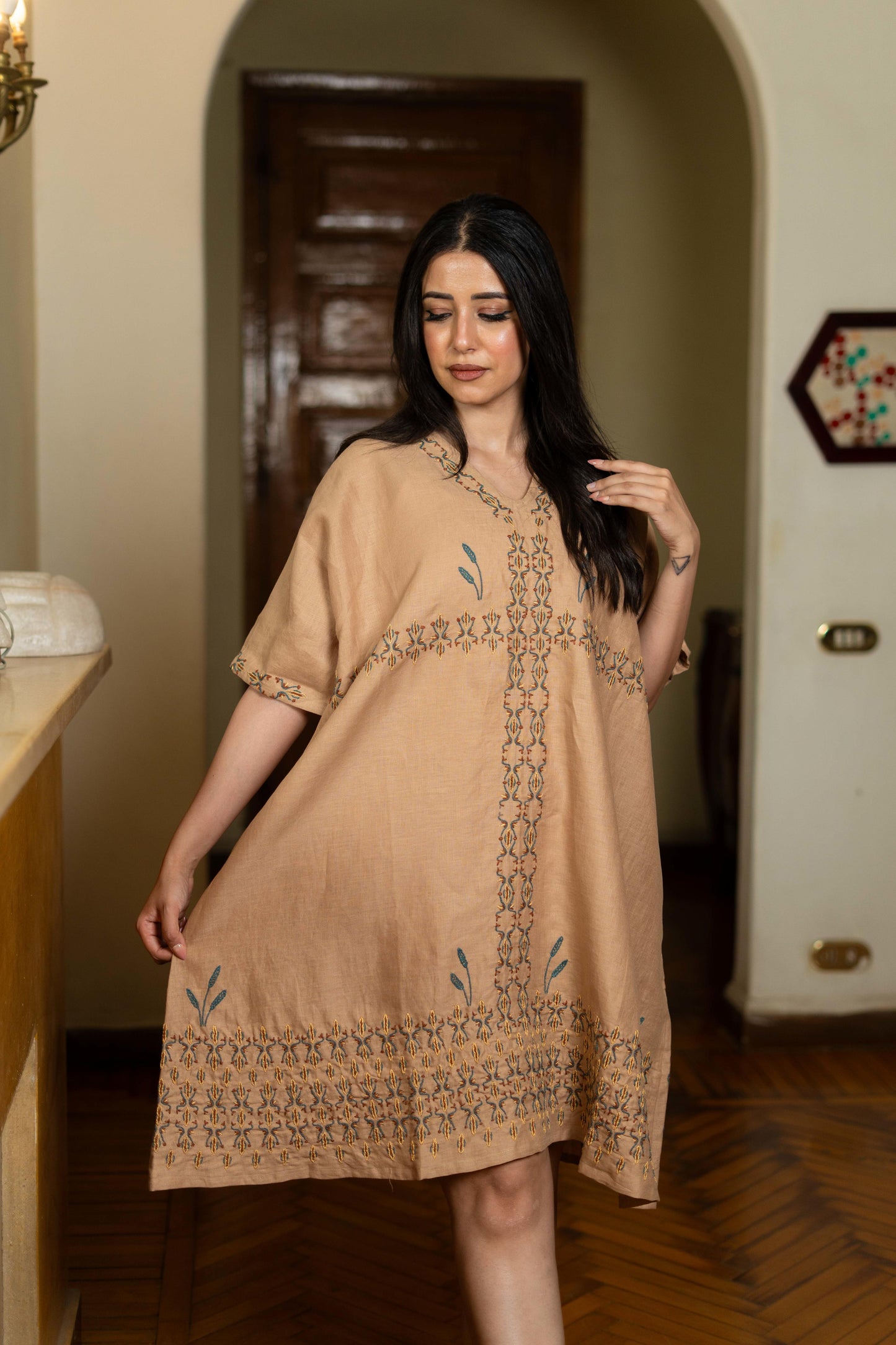 Sand Beige Linen Dress with Egyptian-Inspired Embroidery