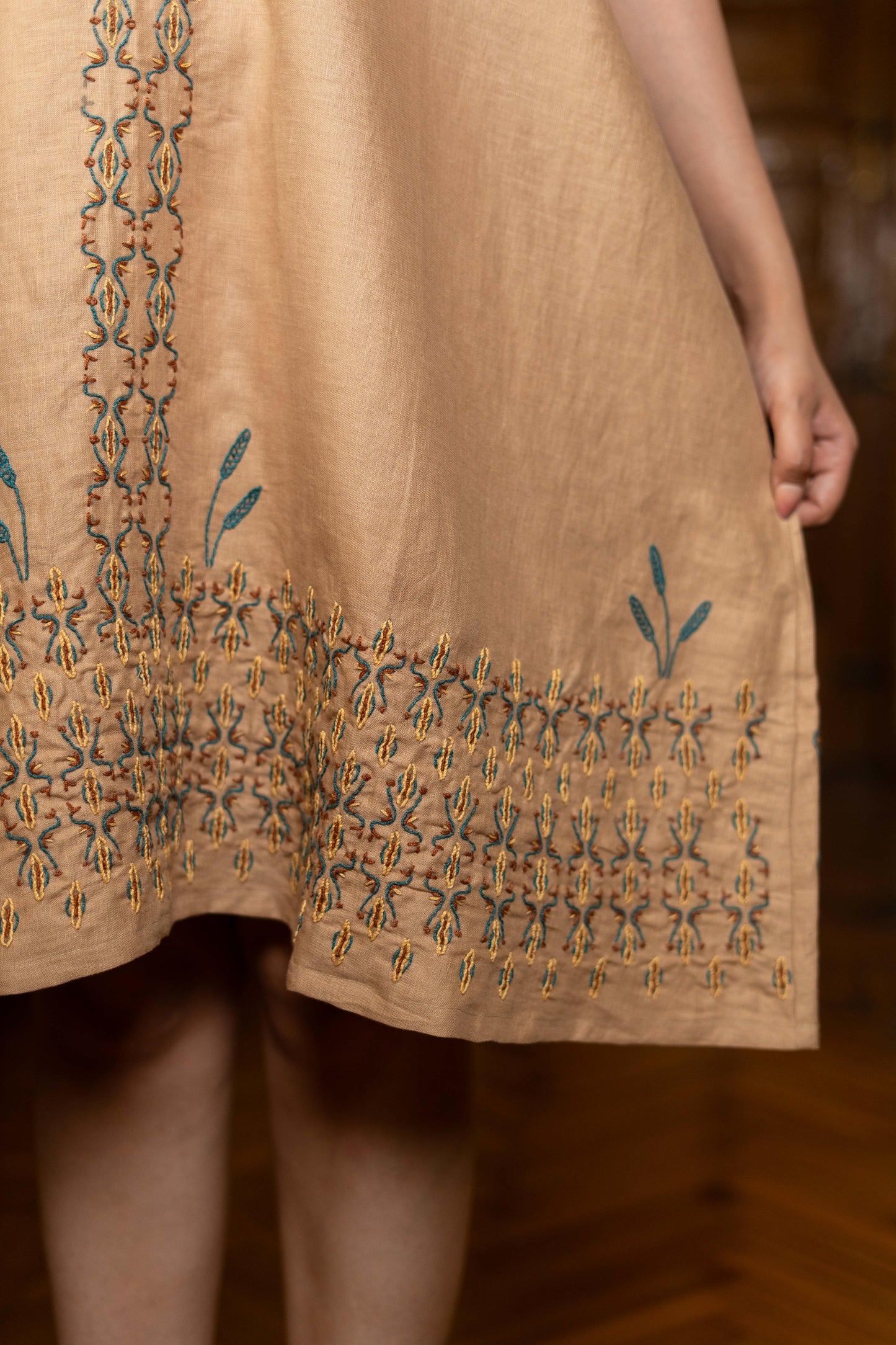 Sand Beige Linen Dress with Egyptian-Inspired Embroidery