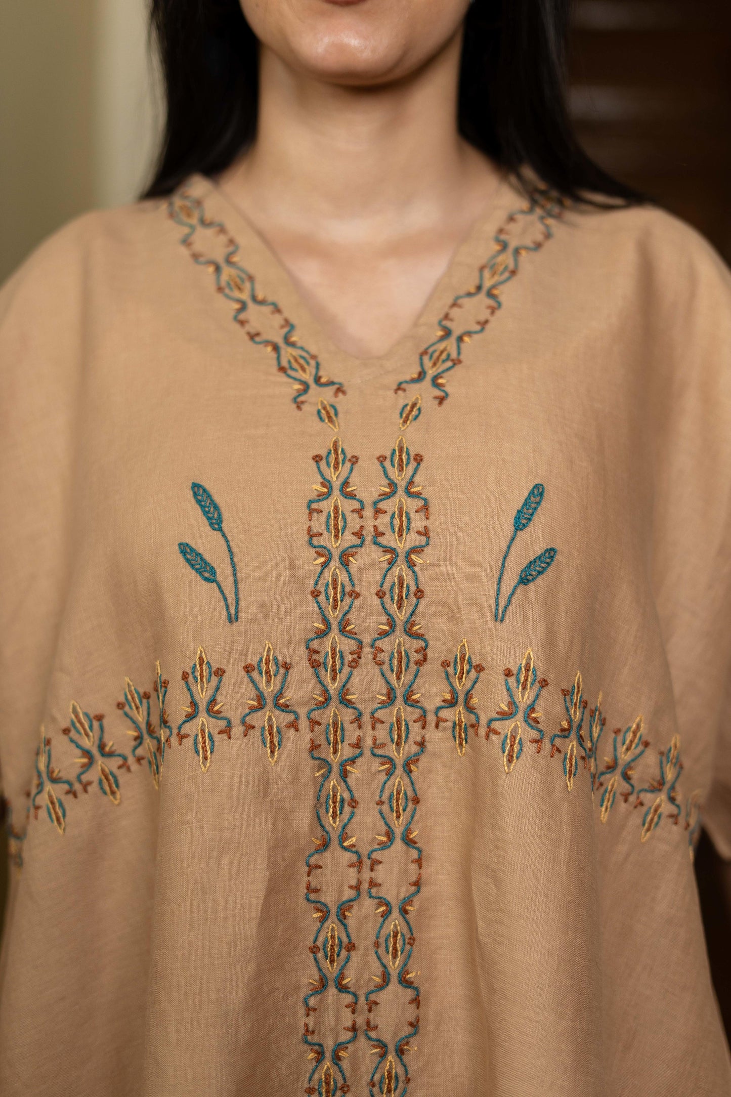 Sand Beige Linen Dress with Egyptian-Inspired Embroidery