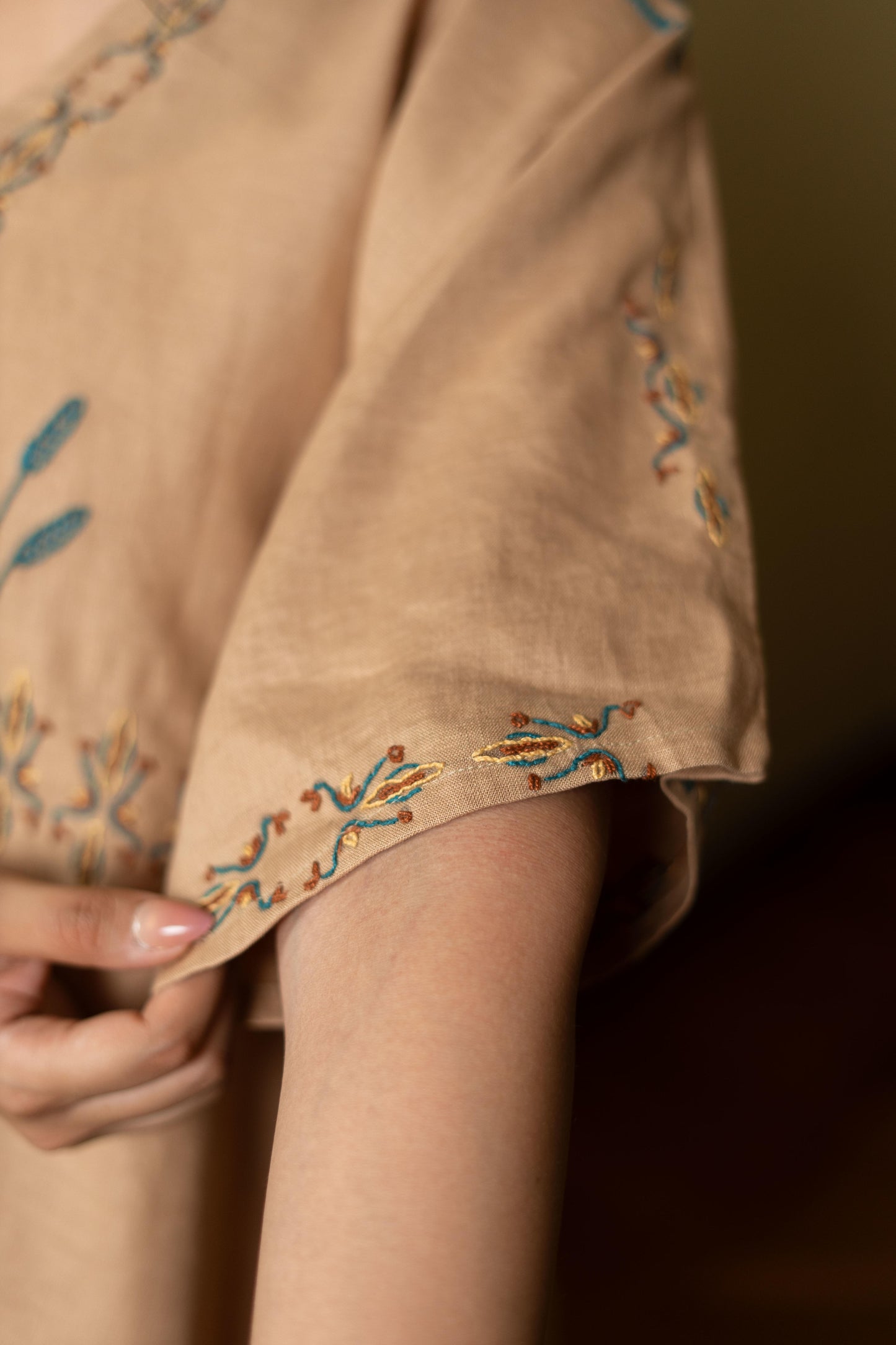 Sand Beige Linen Dress with Egyptian-Inspired Embroidery