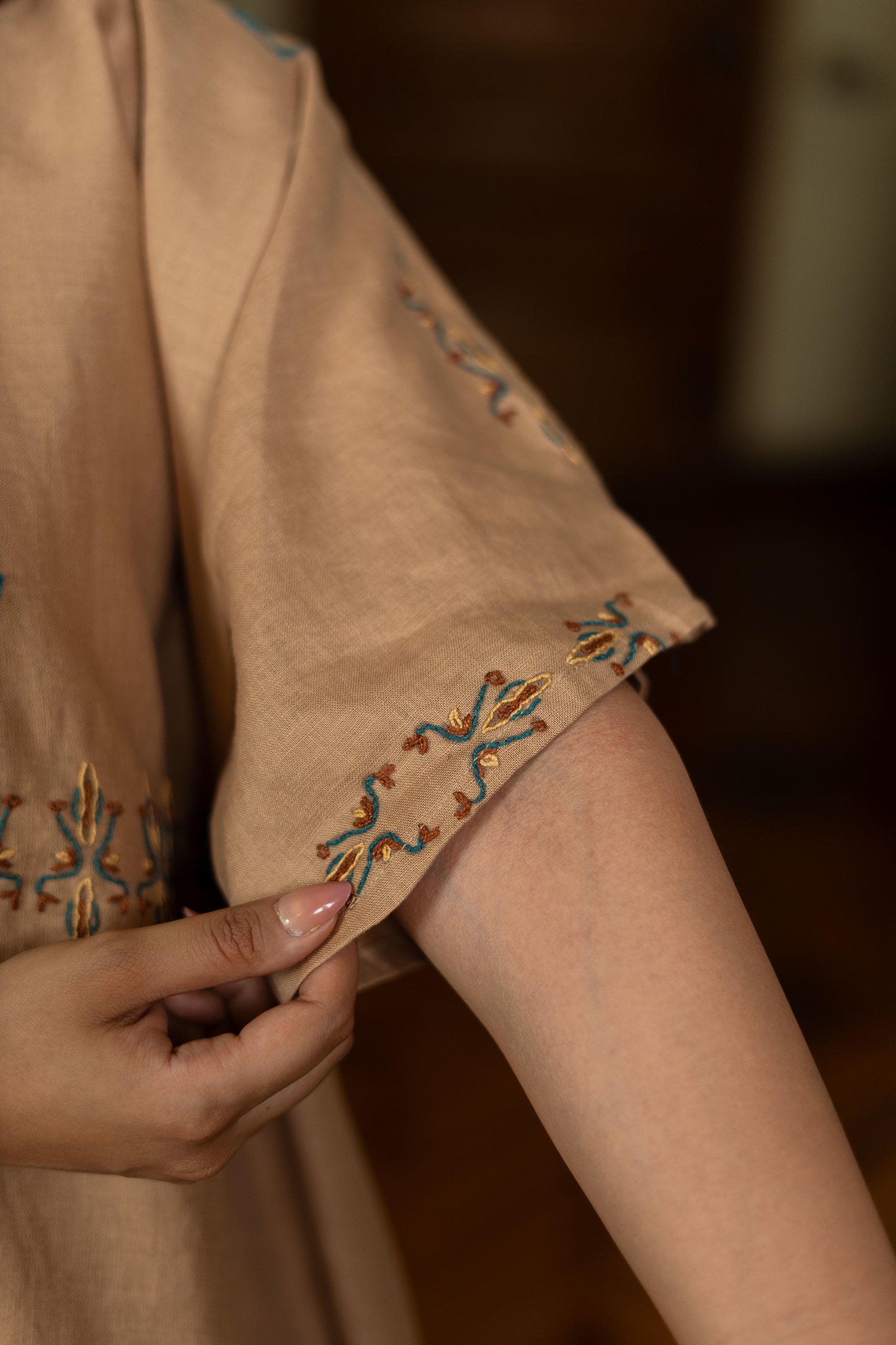 Sand Beige Linen Dress with Egyptian-Inspired Embroidery