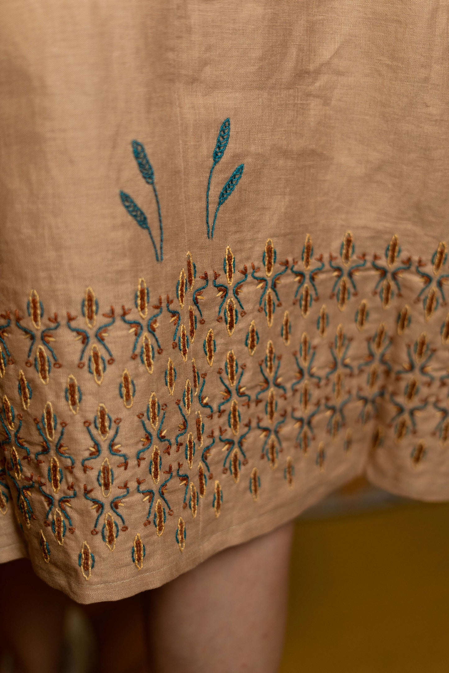 Sand Beige Linen Dress with Egyptian-Inspired Embroidery
