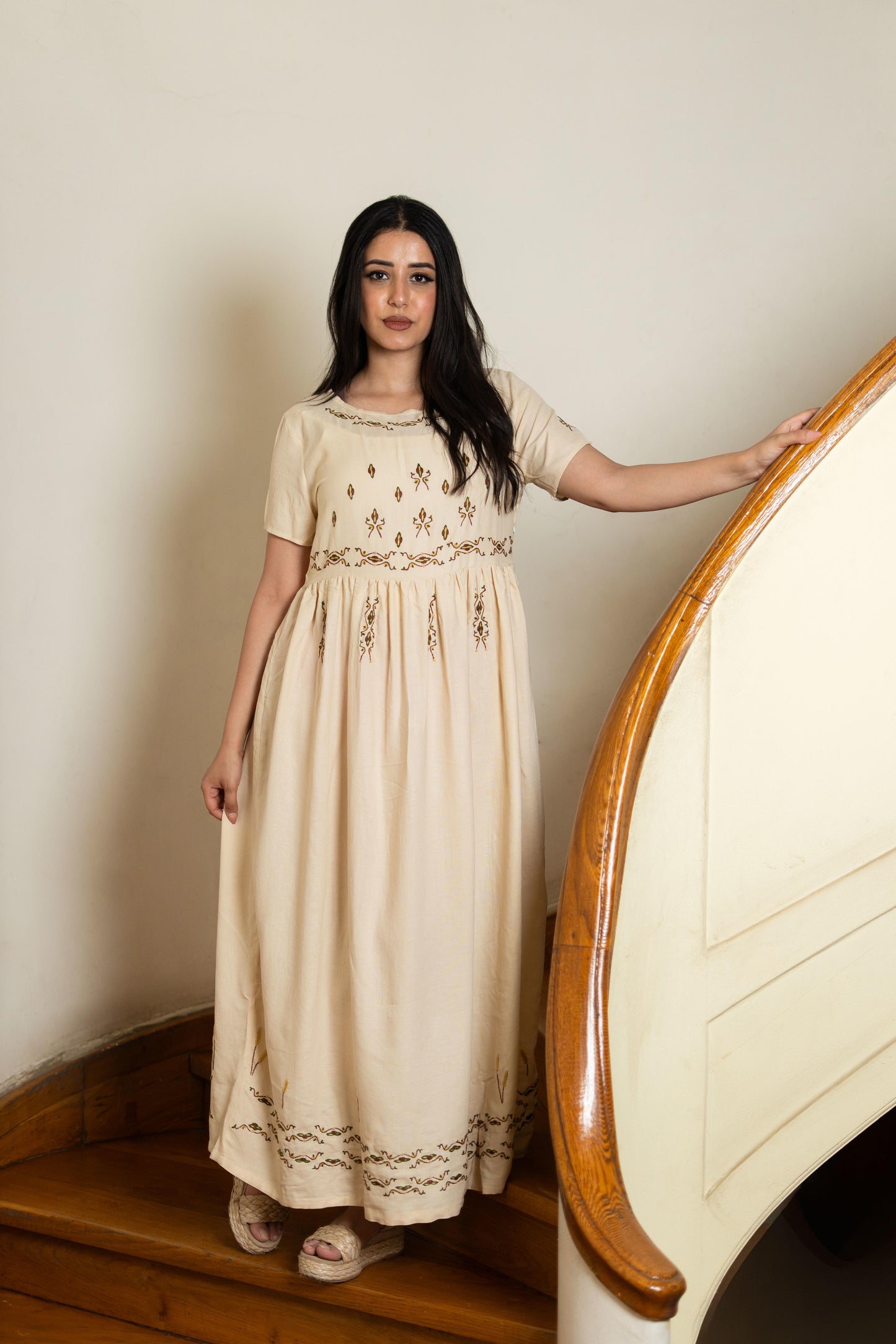 Beige Cotton Dress with Ancient Egyptian Motif Embroidery