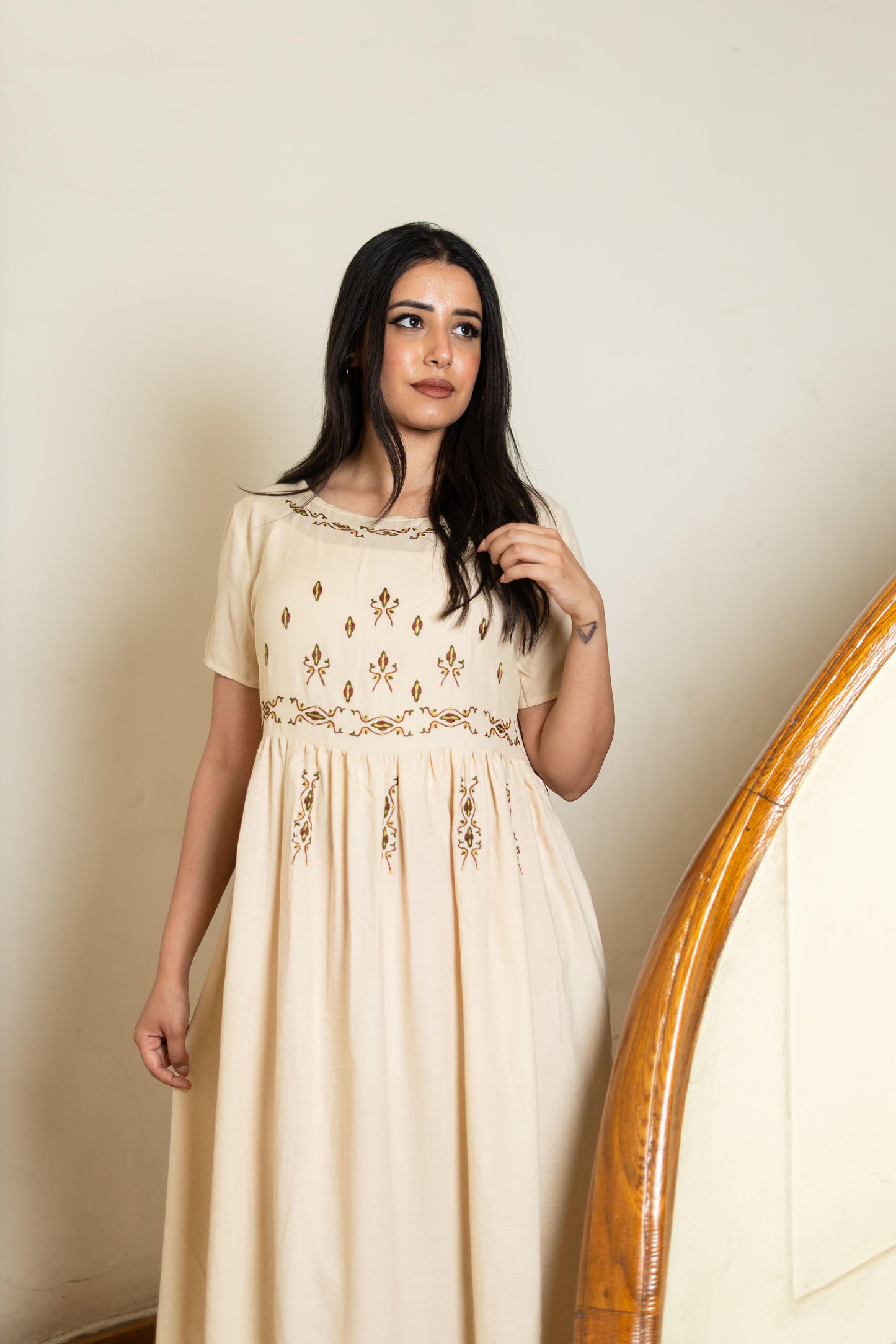 Beige Cotton Dress with Ancient Egyptian Motif Embroidery
