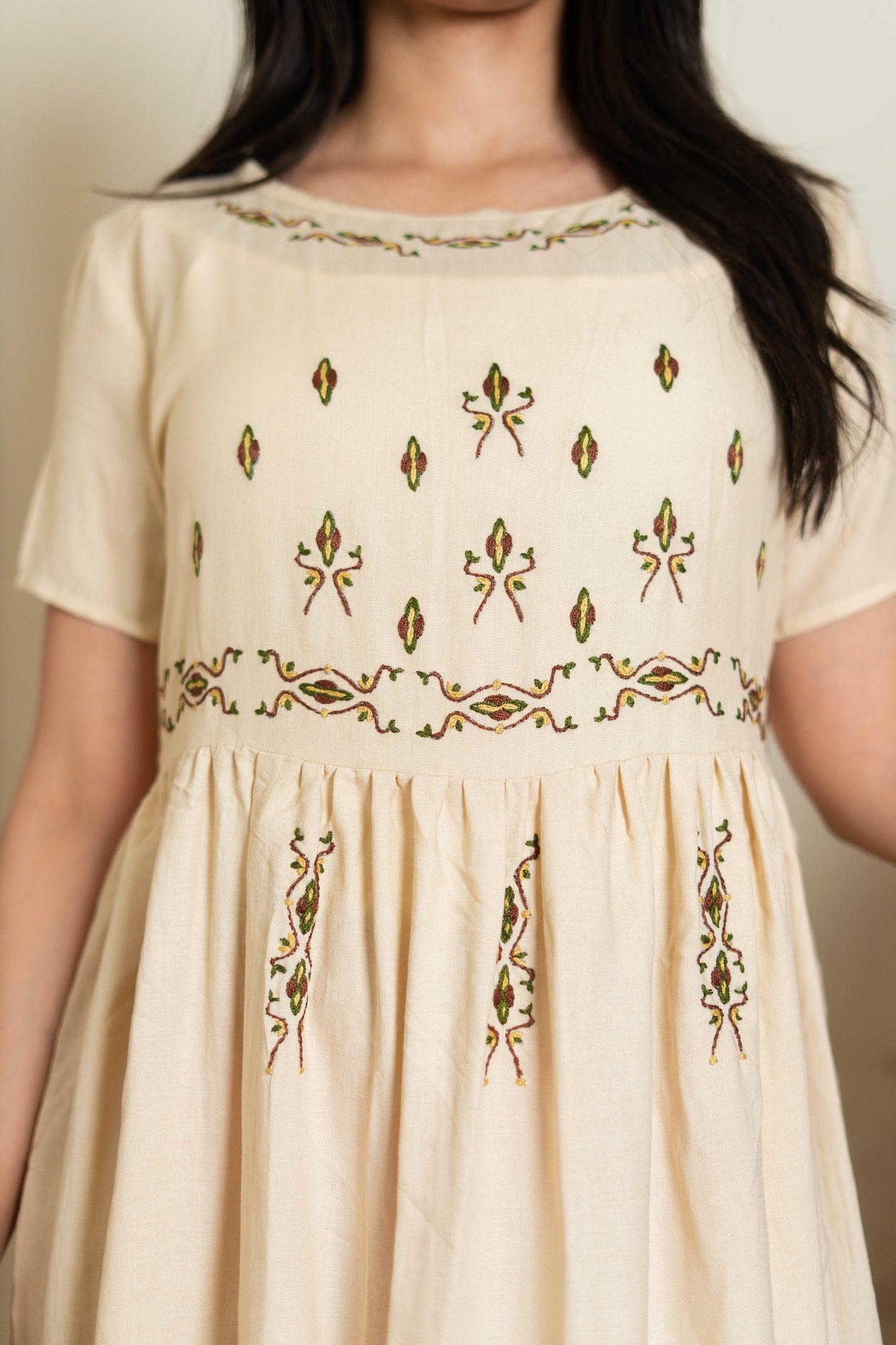 Beige Cotton Dress with Ancient Egyptian Motif Embroidery