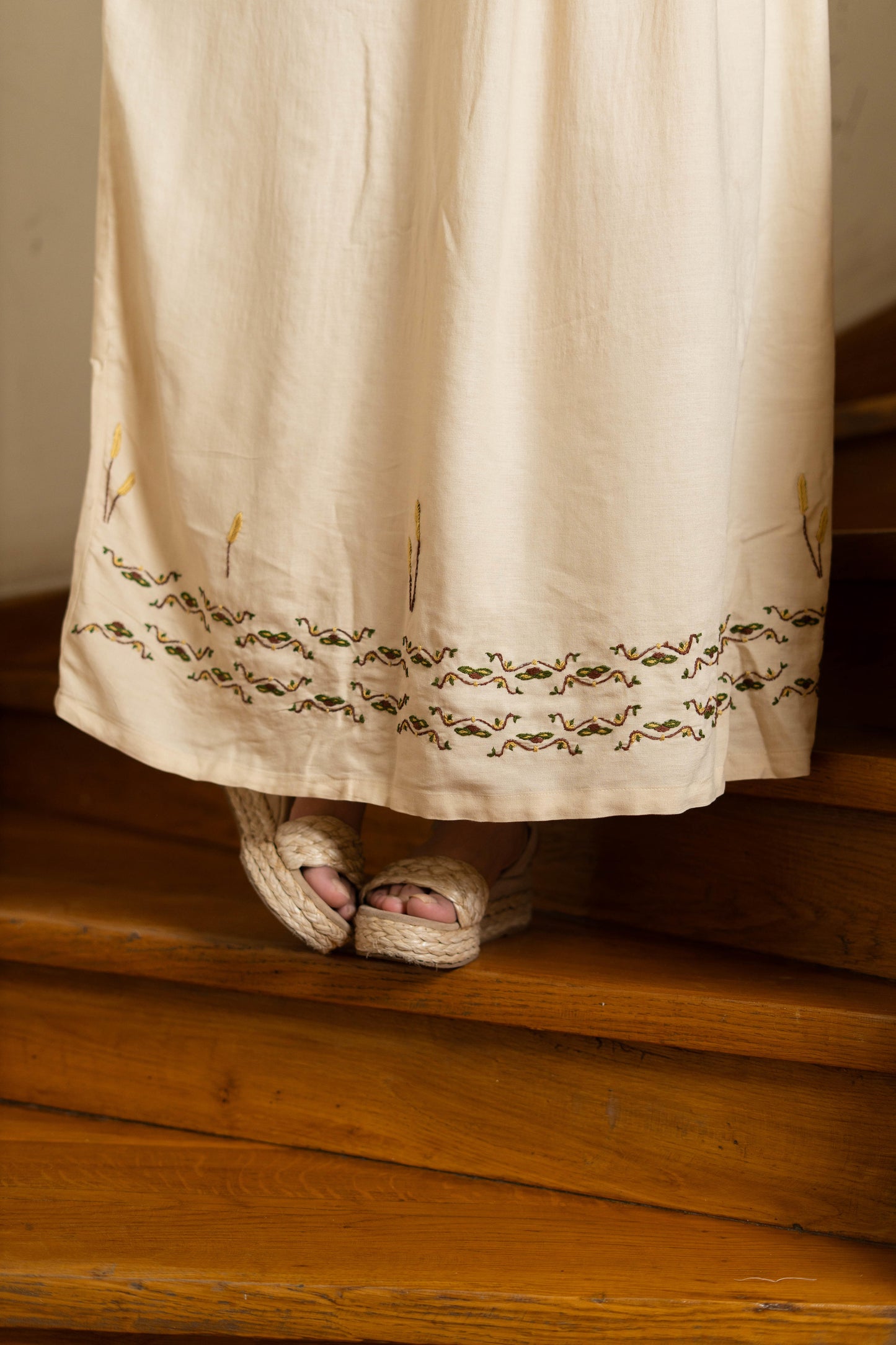 Beige Cotton Dress with Ancient Egyptian Motif Embroidery
