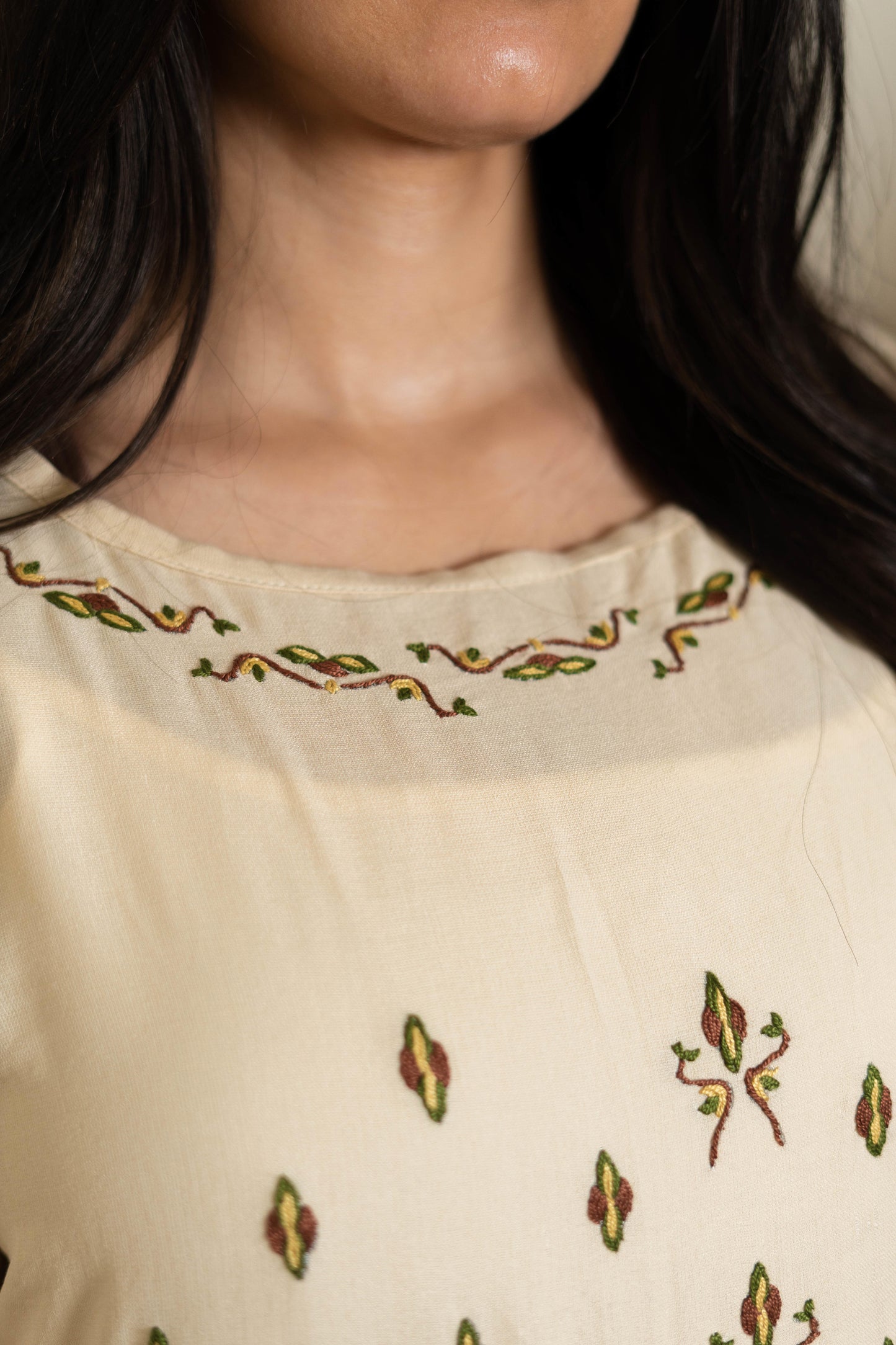 Beige Cotton Dress with Ancient Egyptian Motif Embroidery