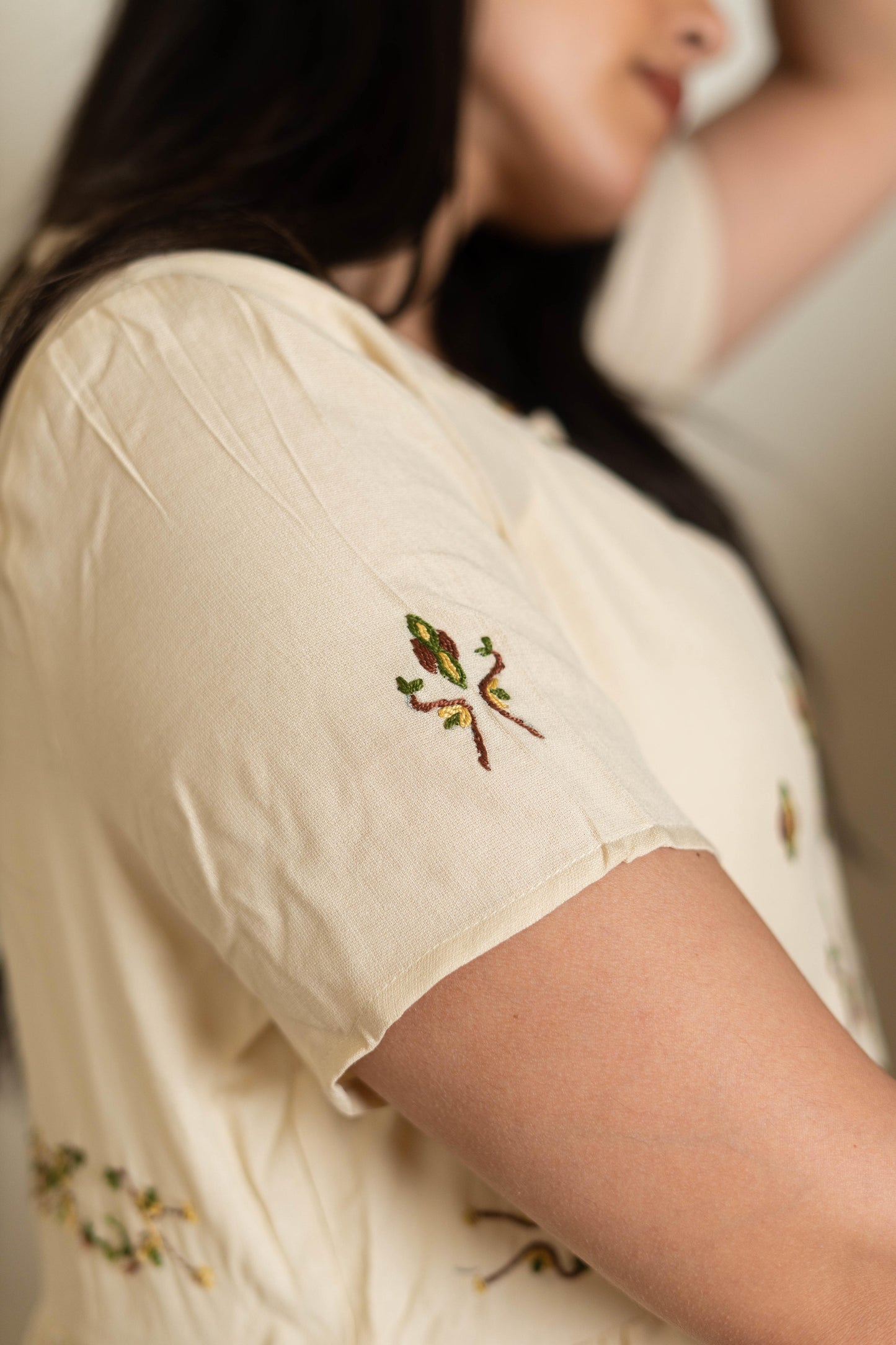 Beige Cotton Dress with Ancient Egyptian Motif Embroidery