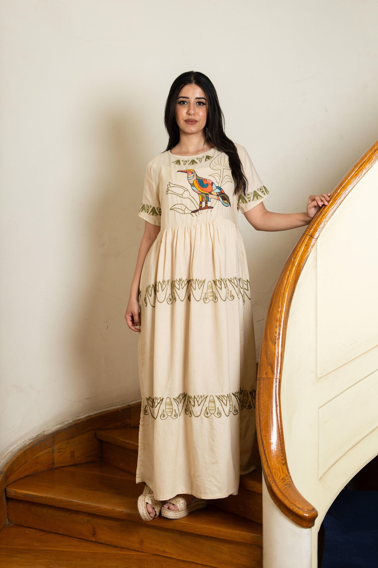 Beige Linen Dress Inspired by Ancient Egyptian Birds & Lotus