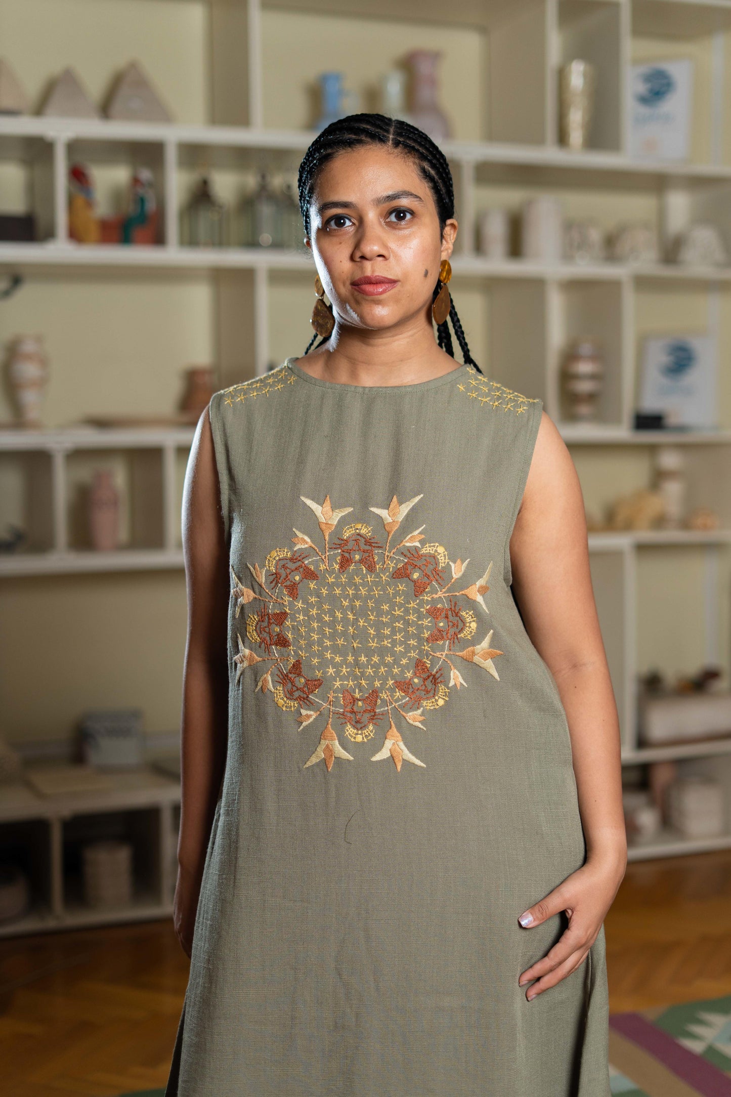 Olive Green Linen Dress with Egyptian-Inspired Embroidery