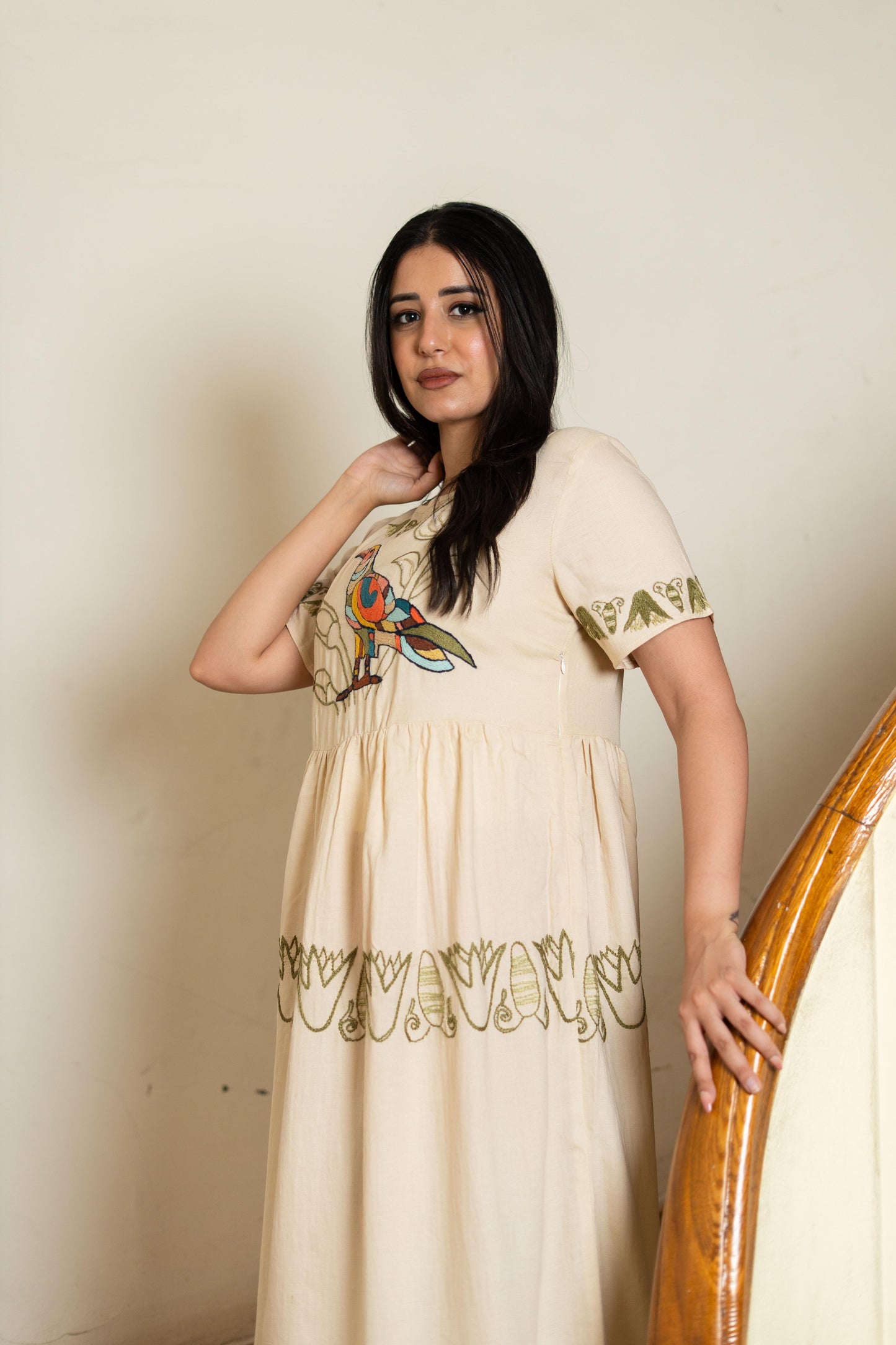 Beige Linen Dress Inspired by Ancient Egyptian Birds & Lotus