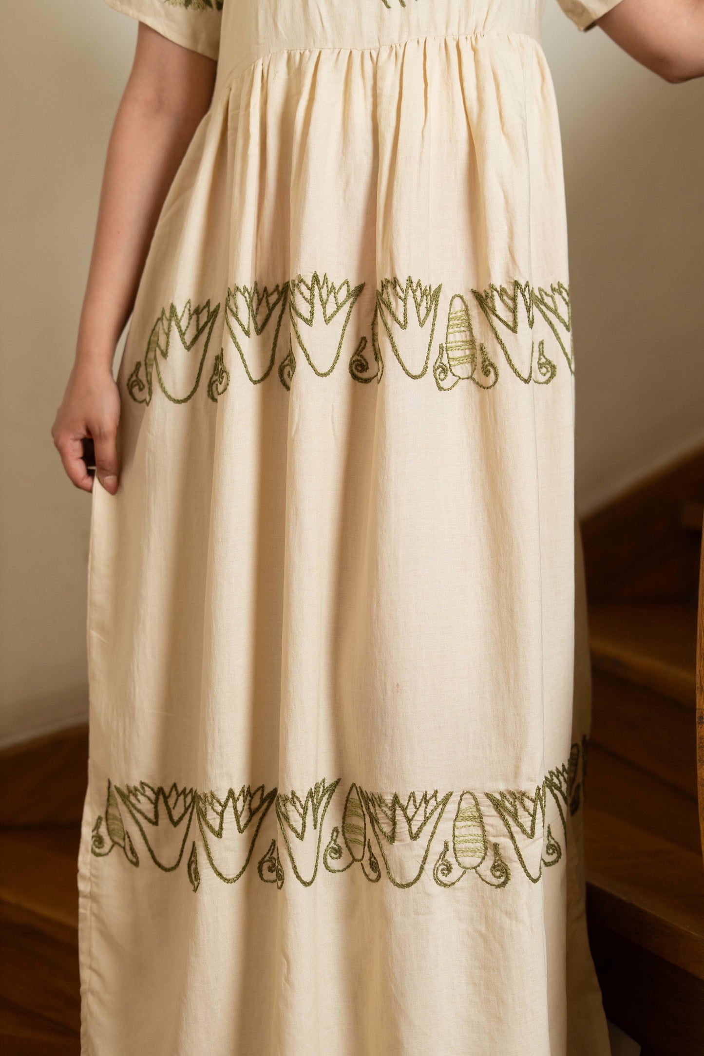 Beige Linen Dress Inspired by Ancient Egyptian Birds & Lotus
