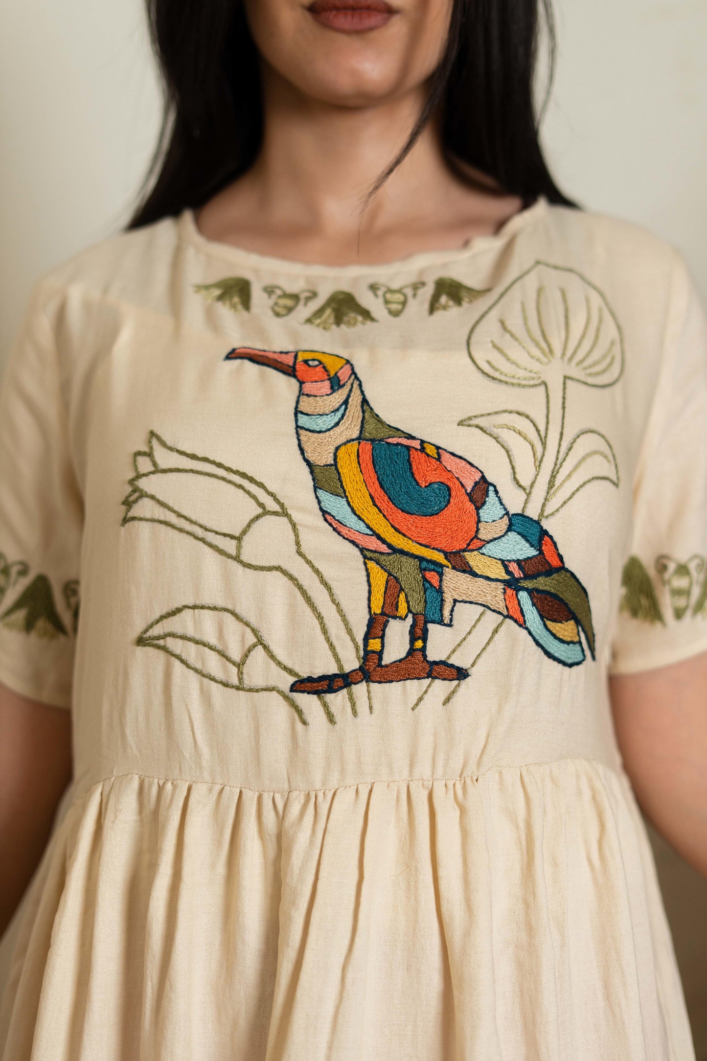 Beige Linen Dress Inspired by Ancient Egyptian Birds & Lotus