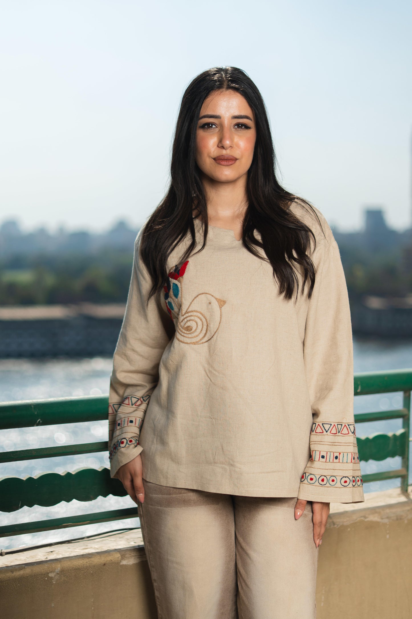 Beige Linen Blouse– Egyptian Bird & Lotus Embroidery