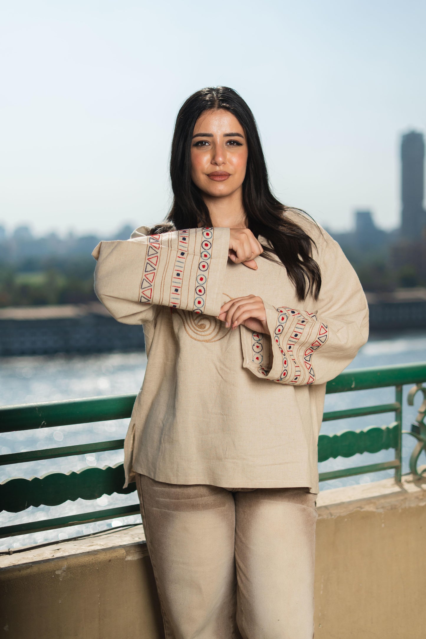 Beige Linen Blouse– Egyptian Bird & Lotus Embroidery