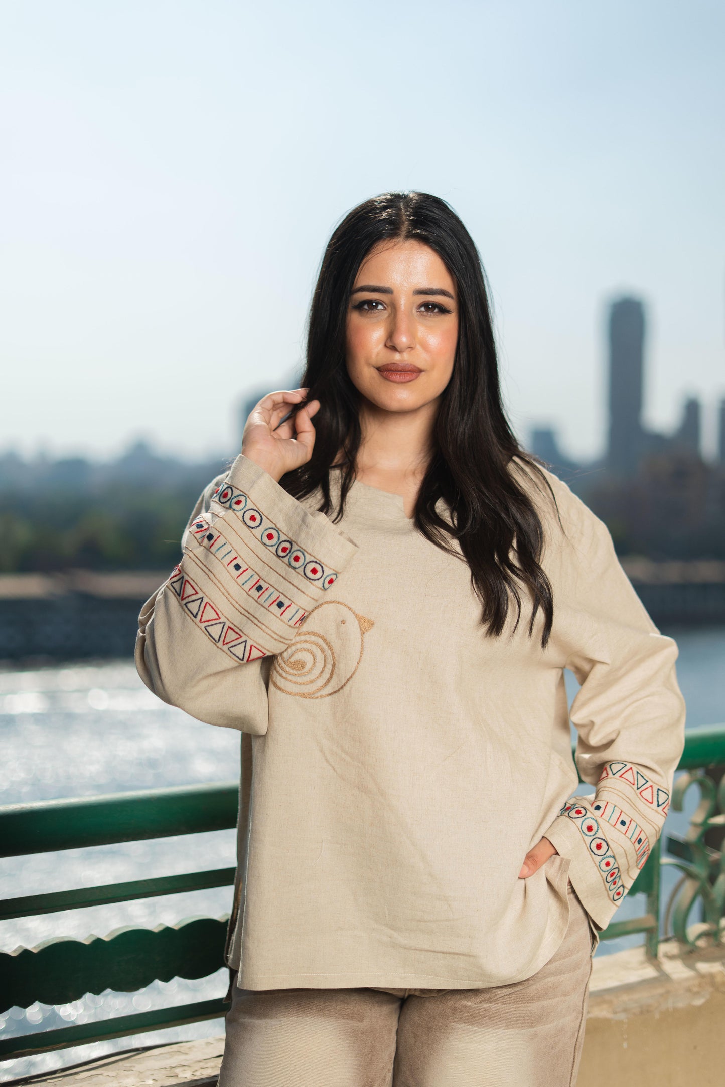 Beige Linen Blouse– Egyptian Bird & Lotus Embroidery